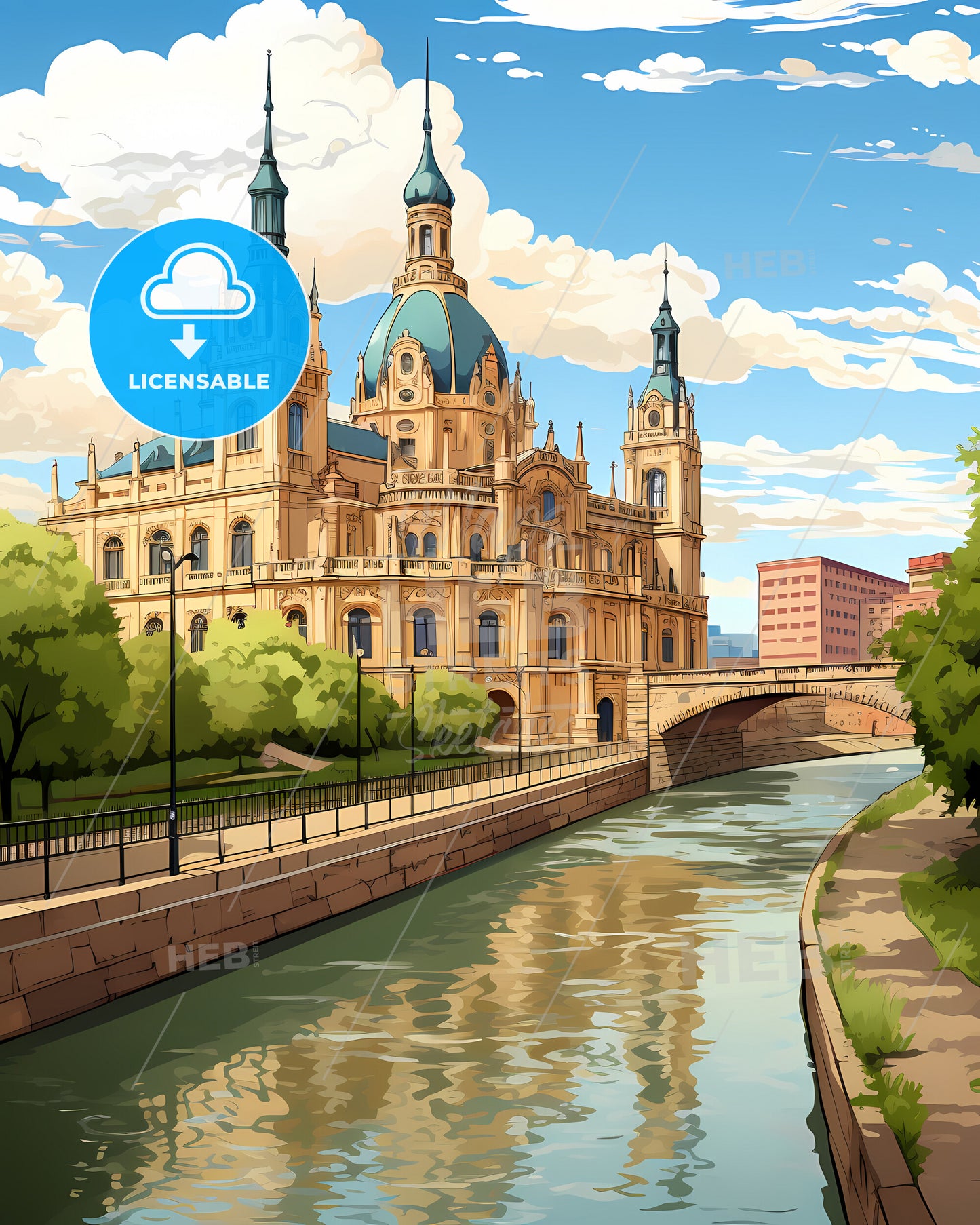 Gijon, Spain, a building with a bridge and trees