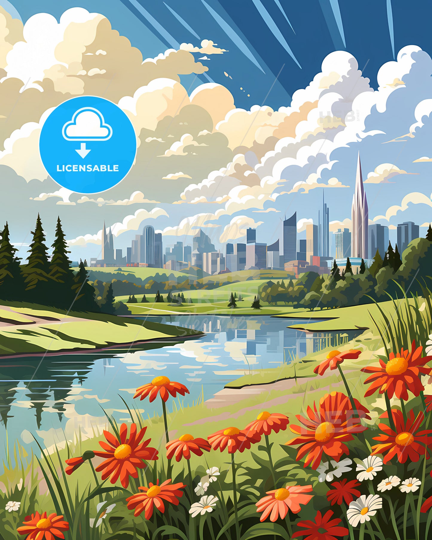 Baldwin Park, California, a river with flowers and trees in front of a city