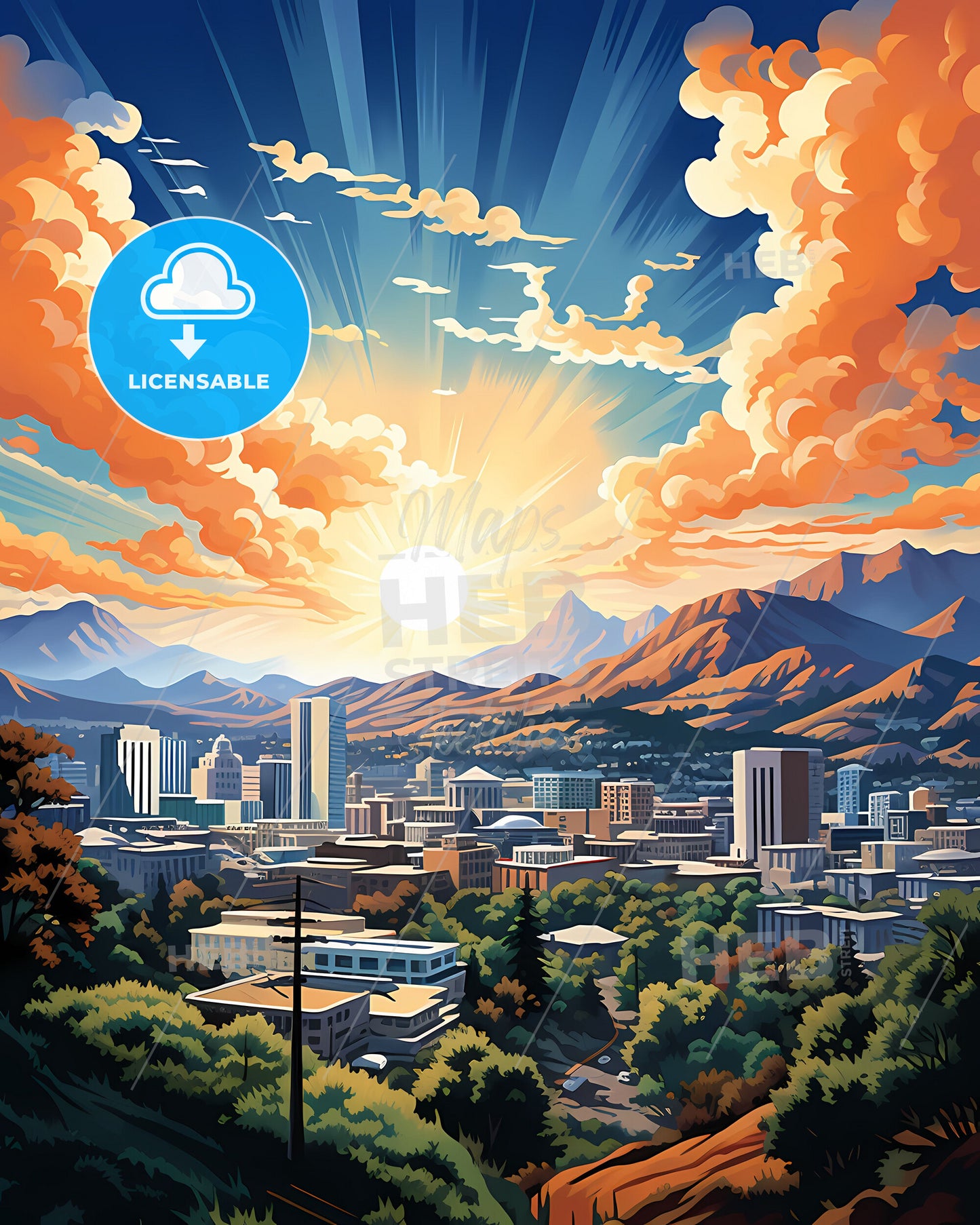 Walnut Creek, California, a cityscape with mountains and trees