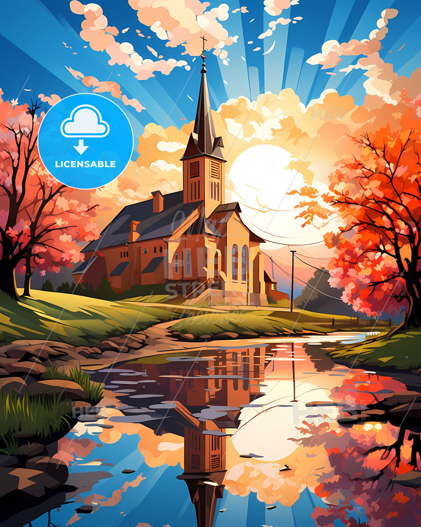 Timisoara, Romania, a church with a steeple and trees by a river