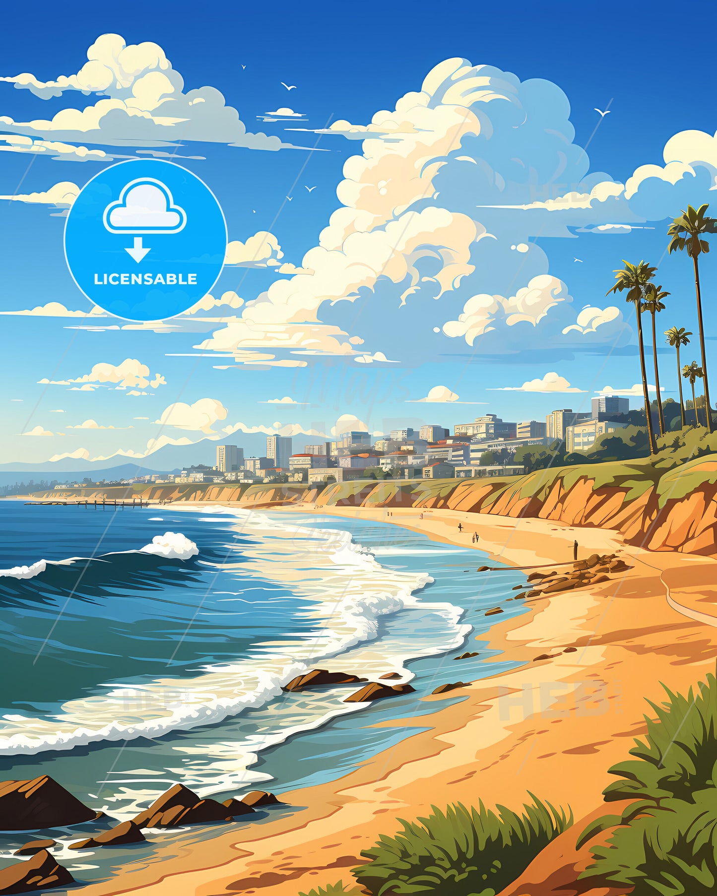 Redondo Beach, California, a beach with palm trees and a city in the background