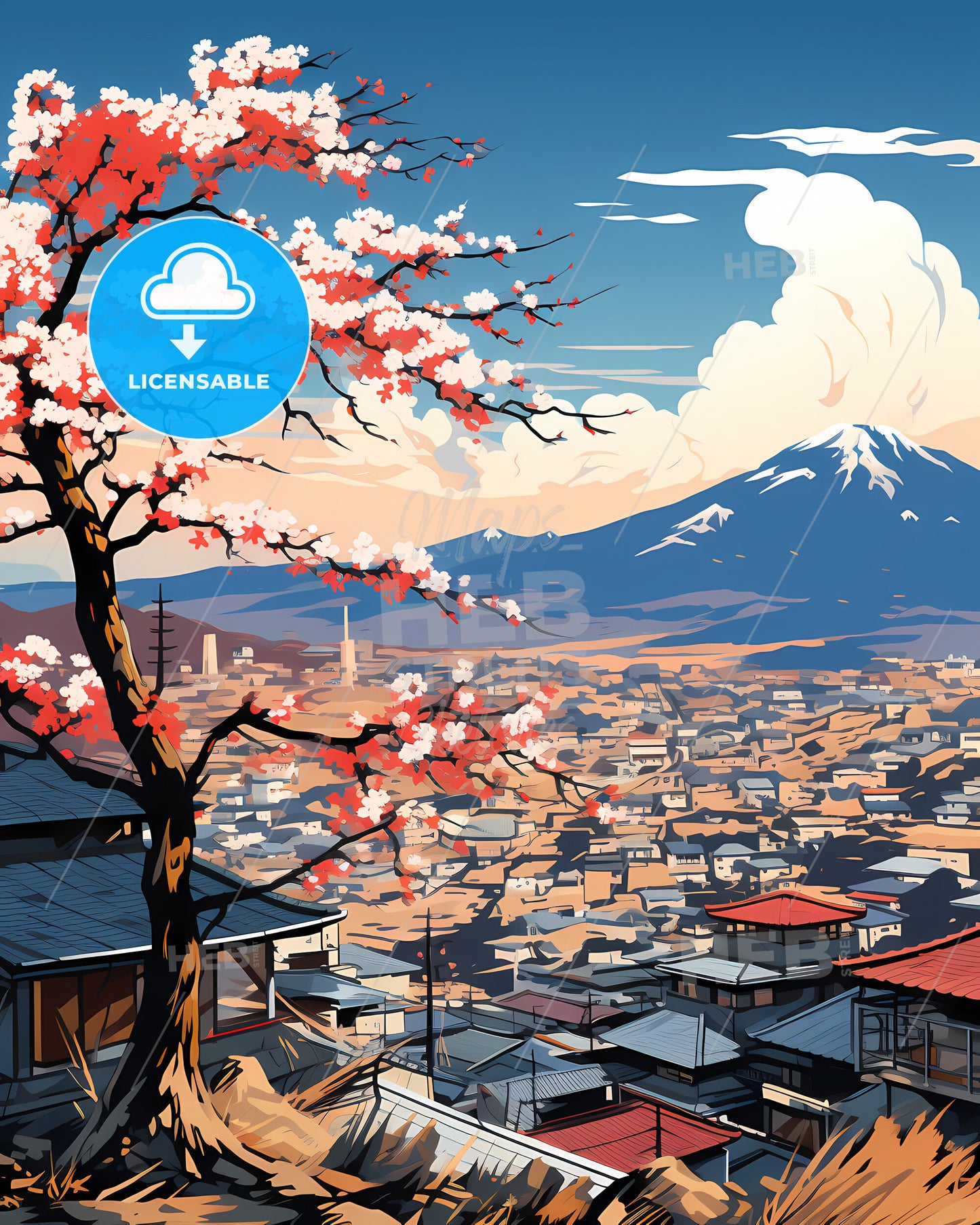 Stepnogorsk, Kazakhstan, a tree with pink blossoms in front of a city with mountains in the background