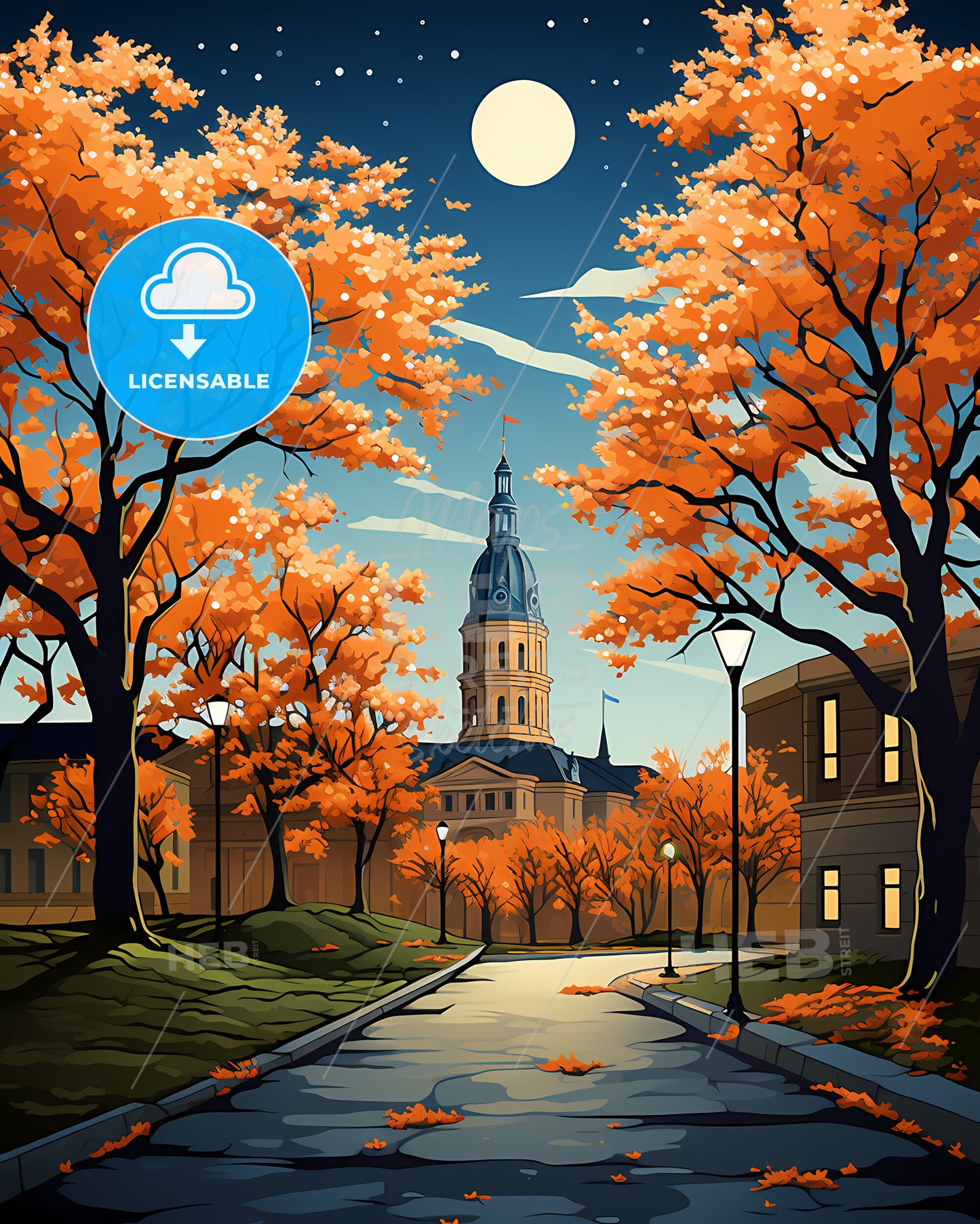 Ames, Iowa, a road with orange trees and a building in the background