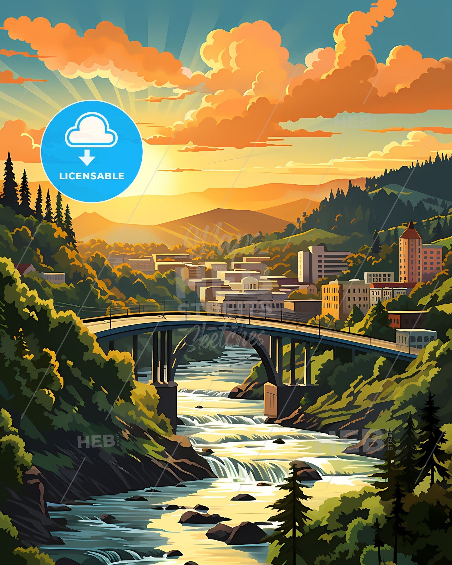 Walnut Creek, California, a bridge over a river with trees and buildings