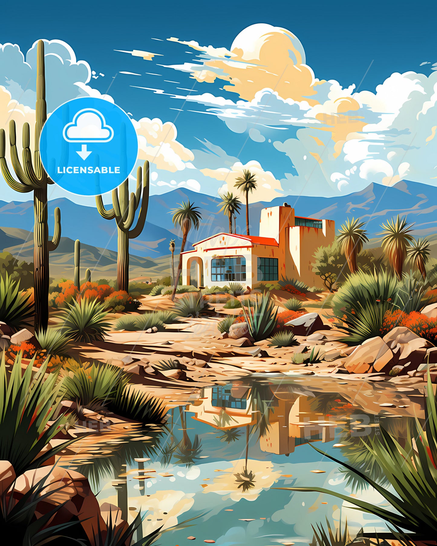 Rialto, California, a house in a desert with cactuses and mountains