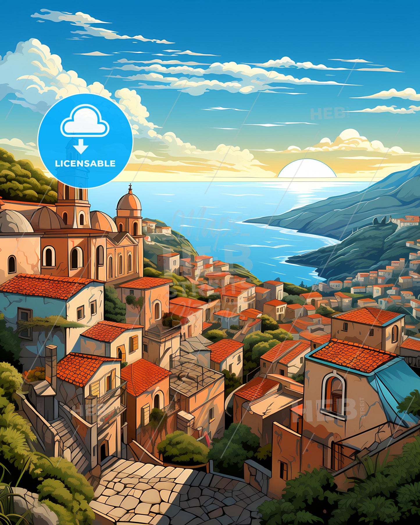 Castellammare Di Stabia, Italy, a landscape of a town with a body of water and a sunny day