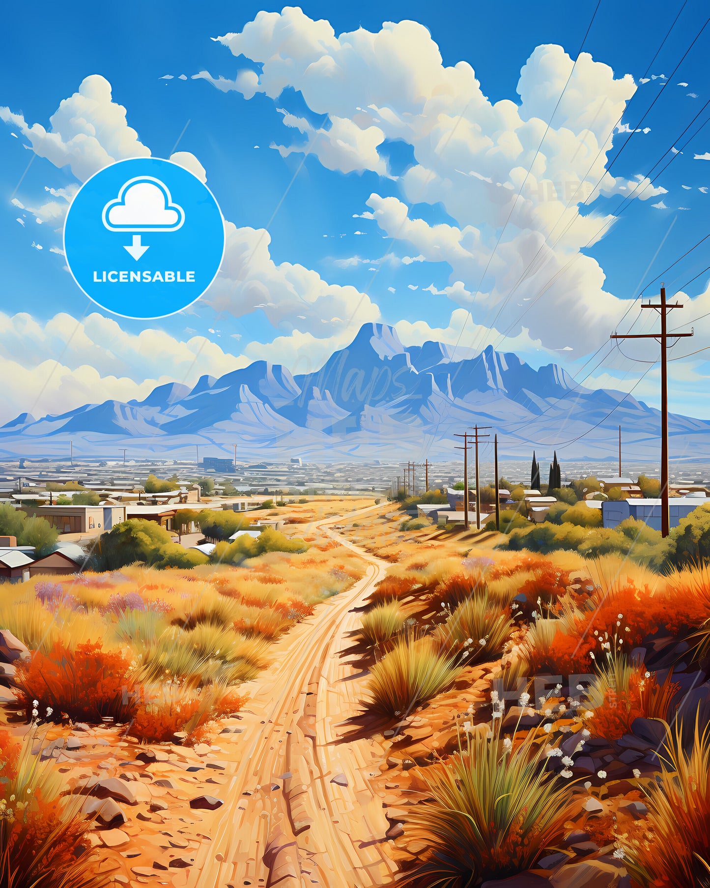 Fontana, California, a dirt road through a desert landscape with mountains in the background