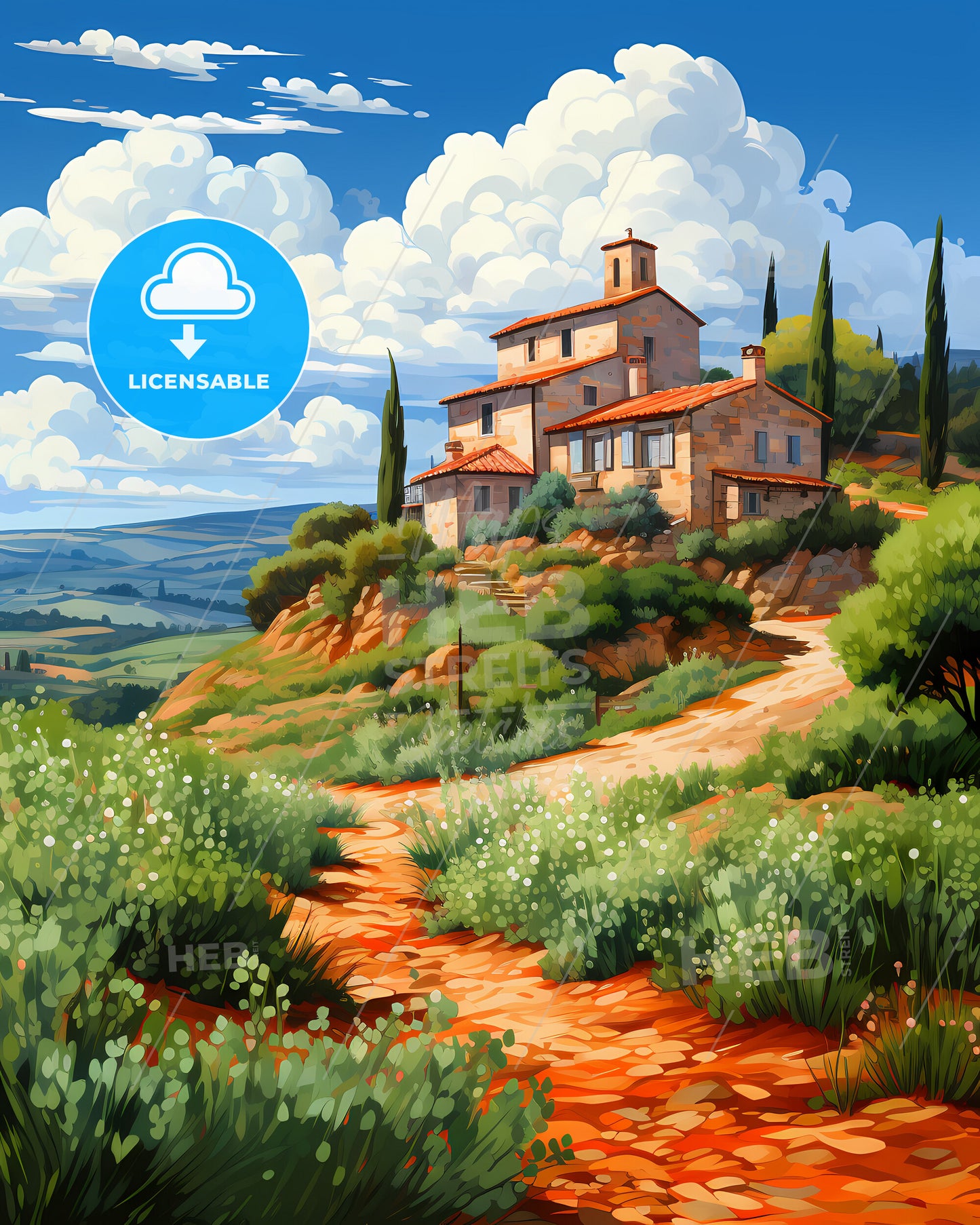 Aprilia, Italy, a house on a hill with trees and bushes