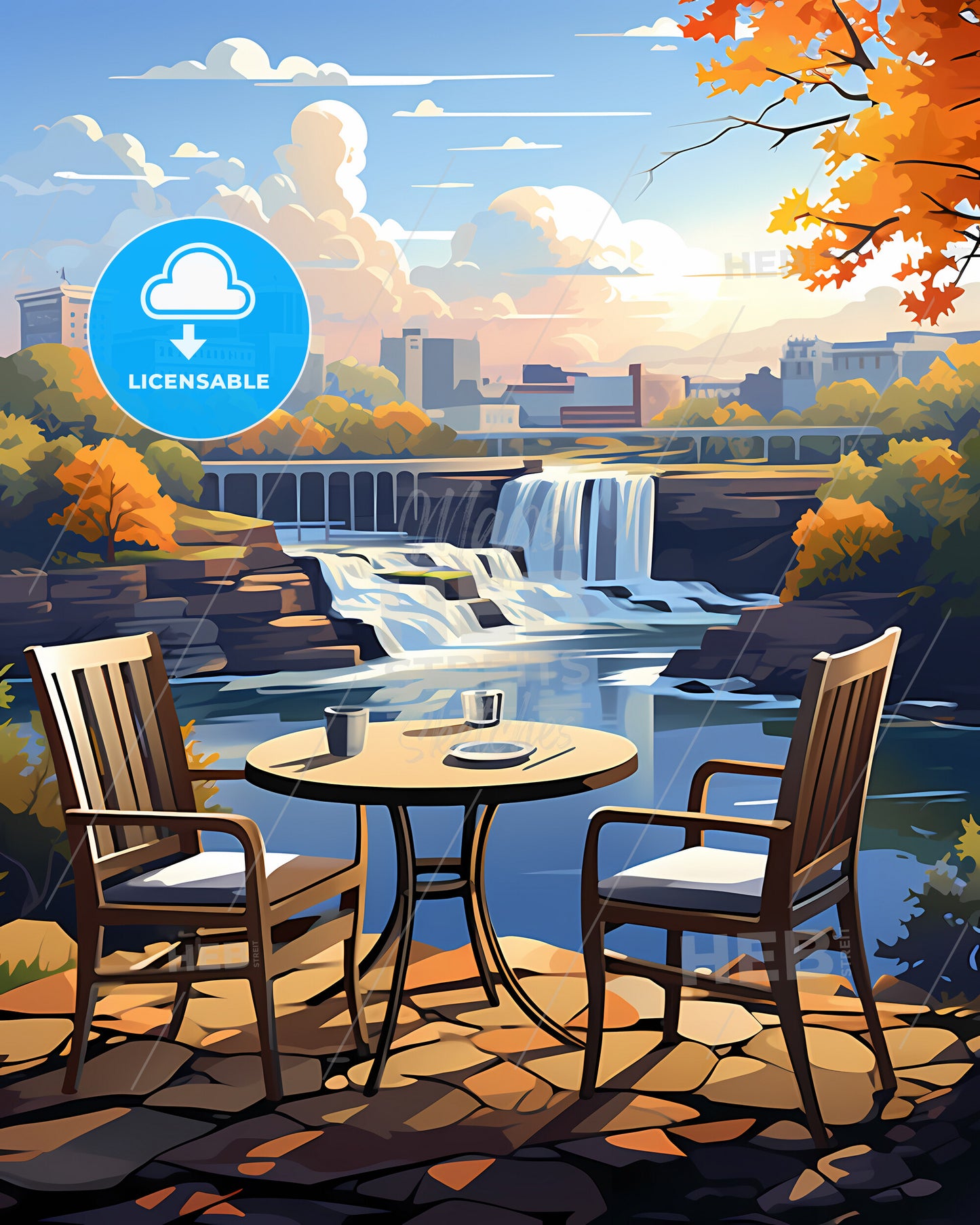 Fayetteville, North Carolina, a table and chairs by a waterfall