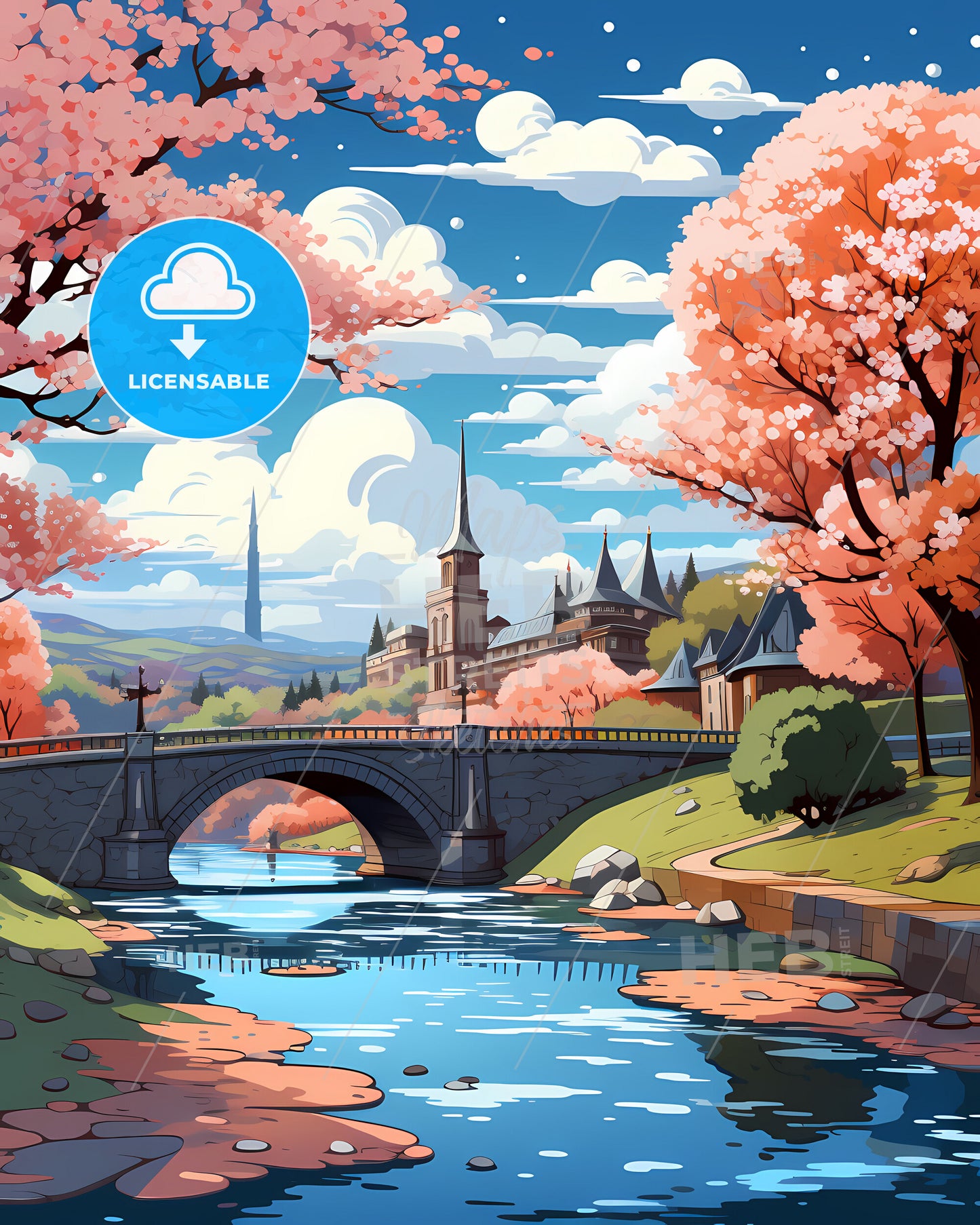 Glasgow, Glasgow, a bridge over a river with pink trees and a castle