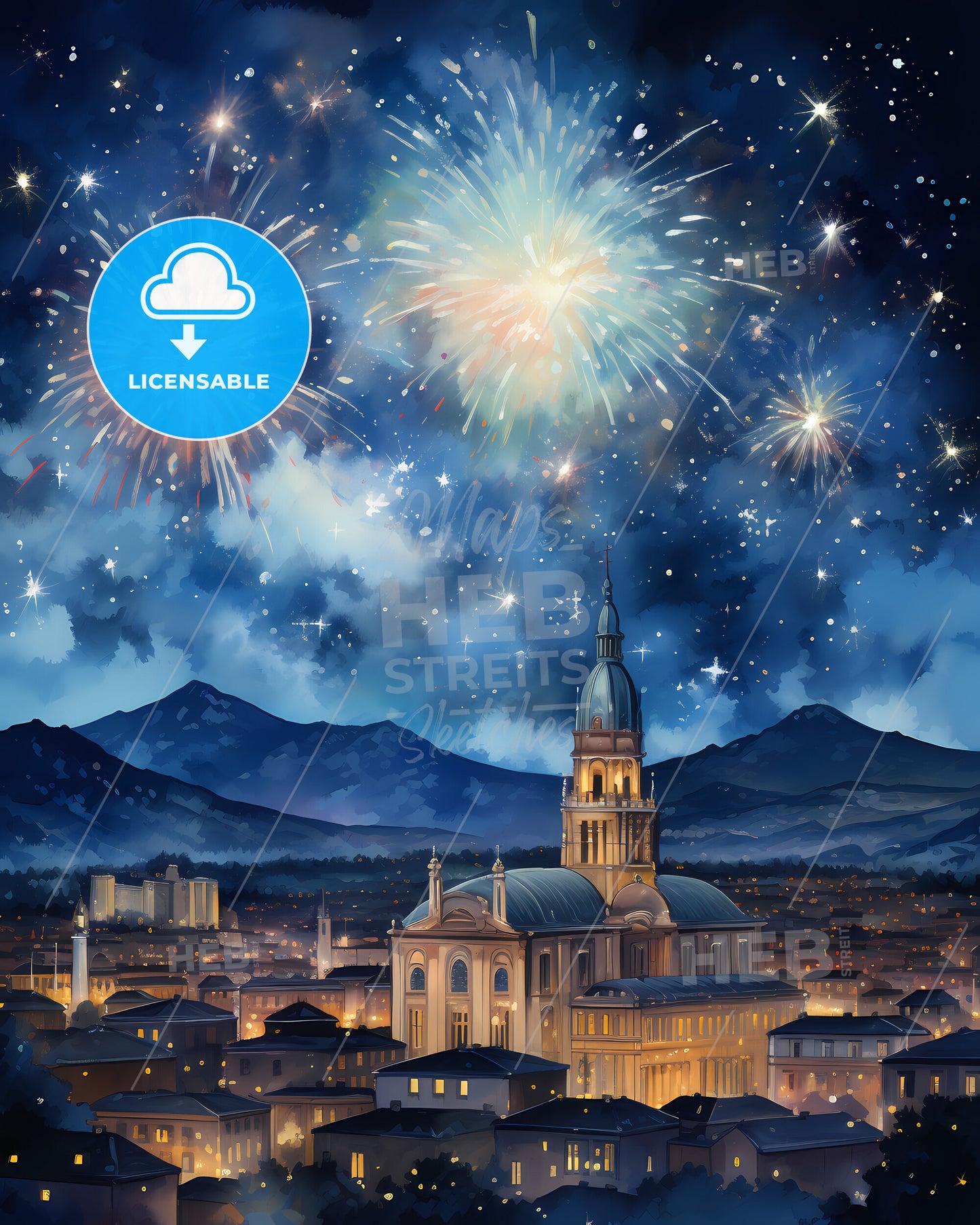 Braga, Portugal, fireworks over a city