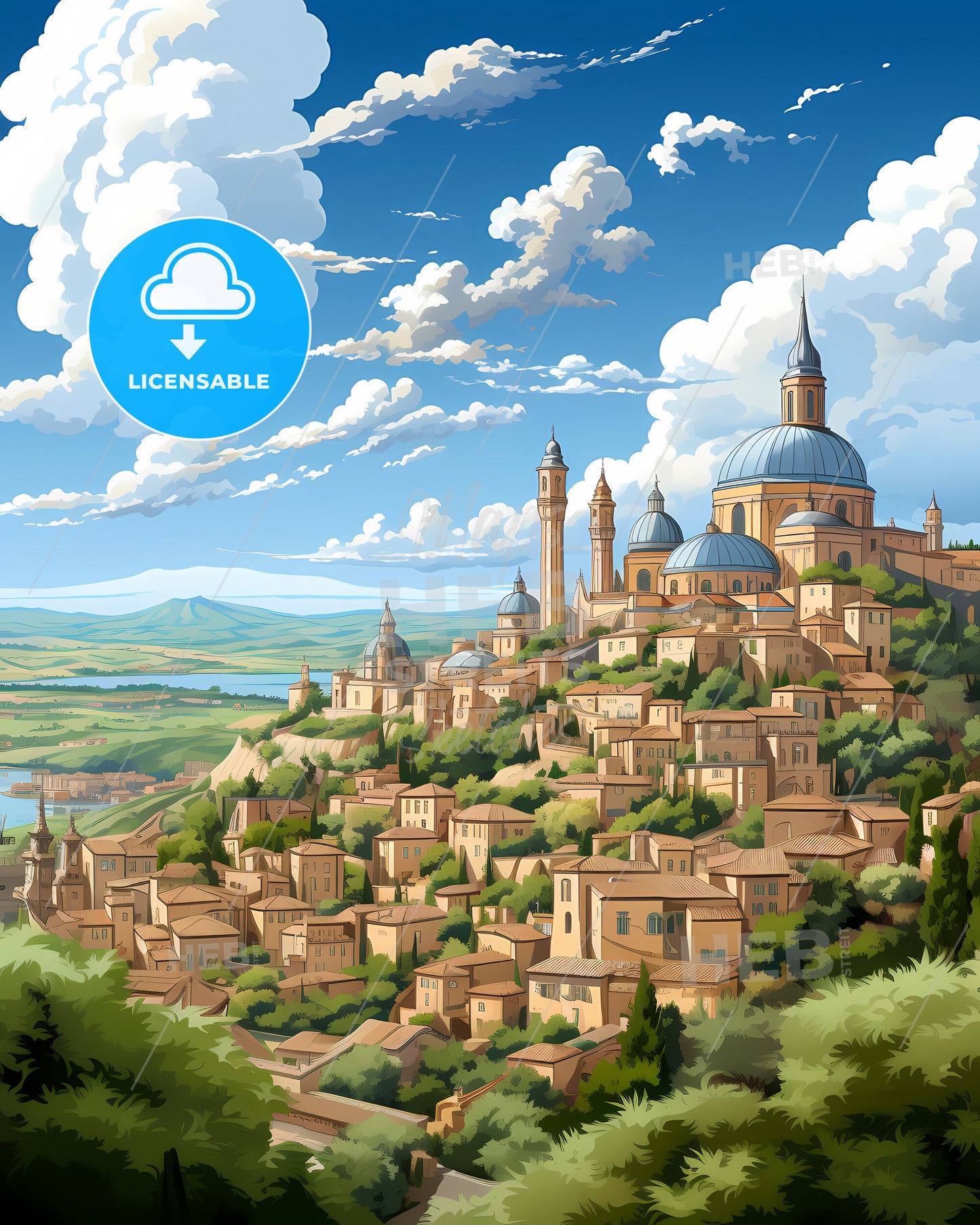 Pesaro, Italy, a city on a hill with trees and a blue sky