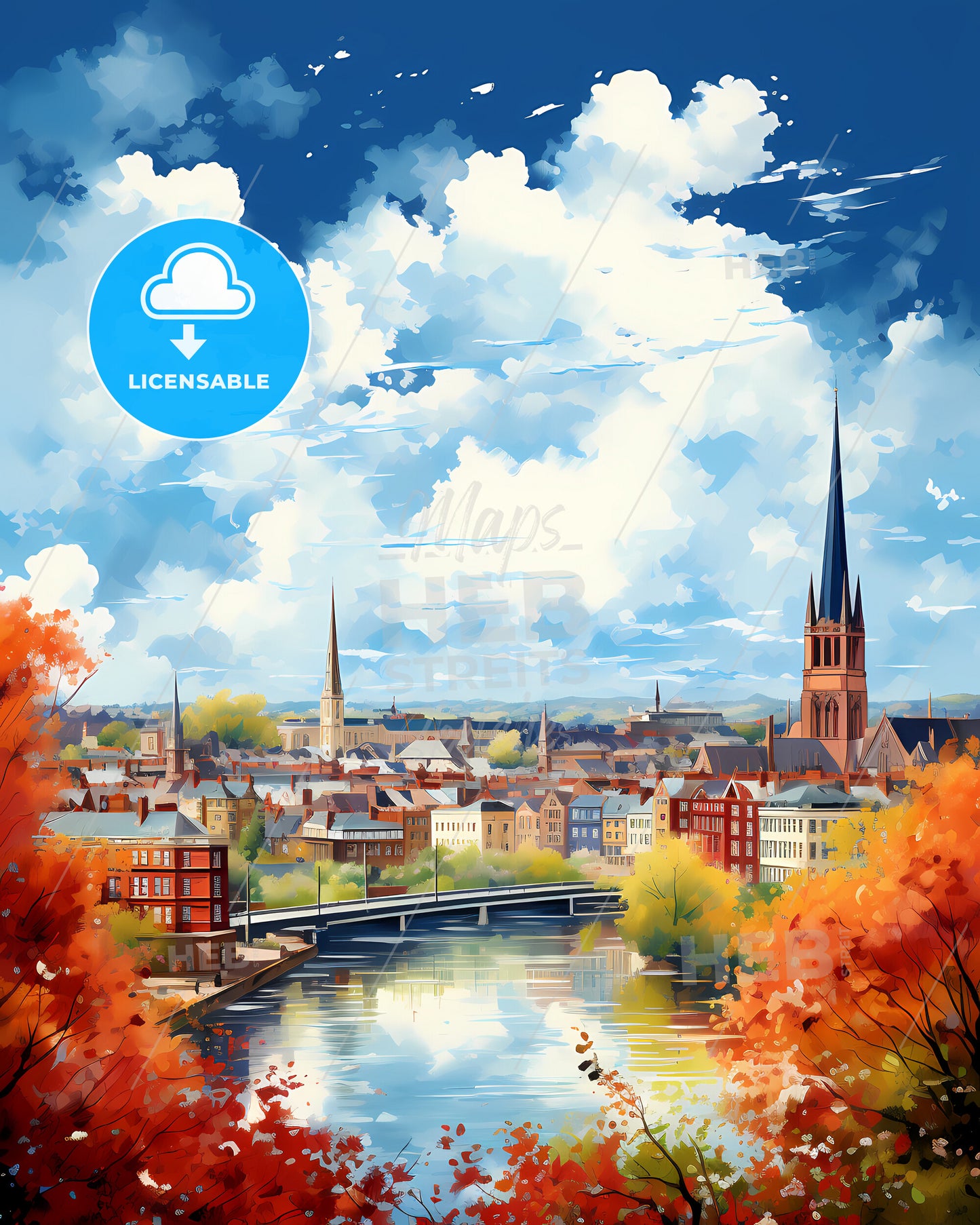 Norwich, East of England, a water way with trees and buildings