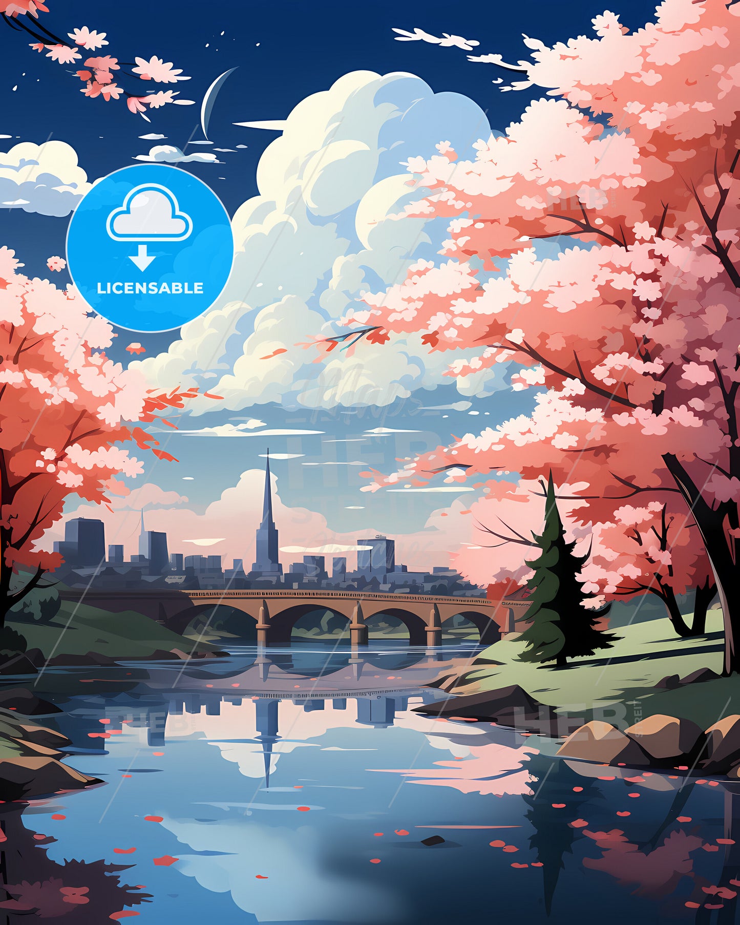 Coon Rapids, Minnesota, a river with pink trees and a bridge