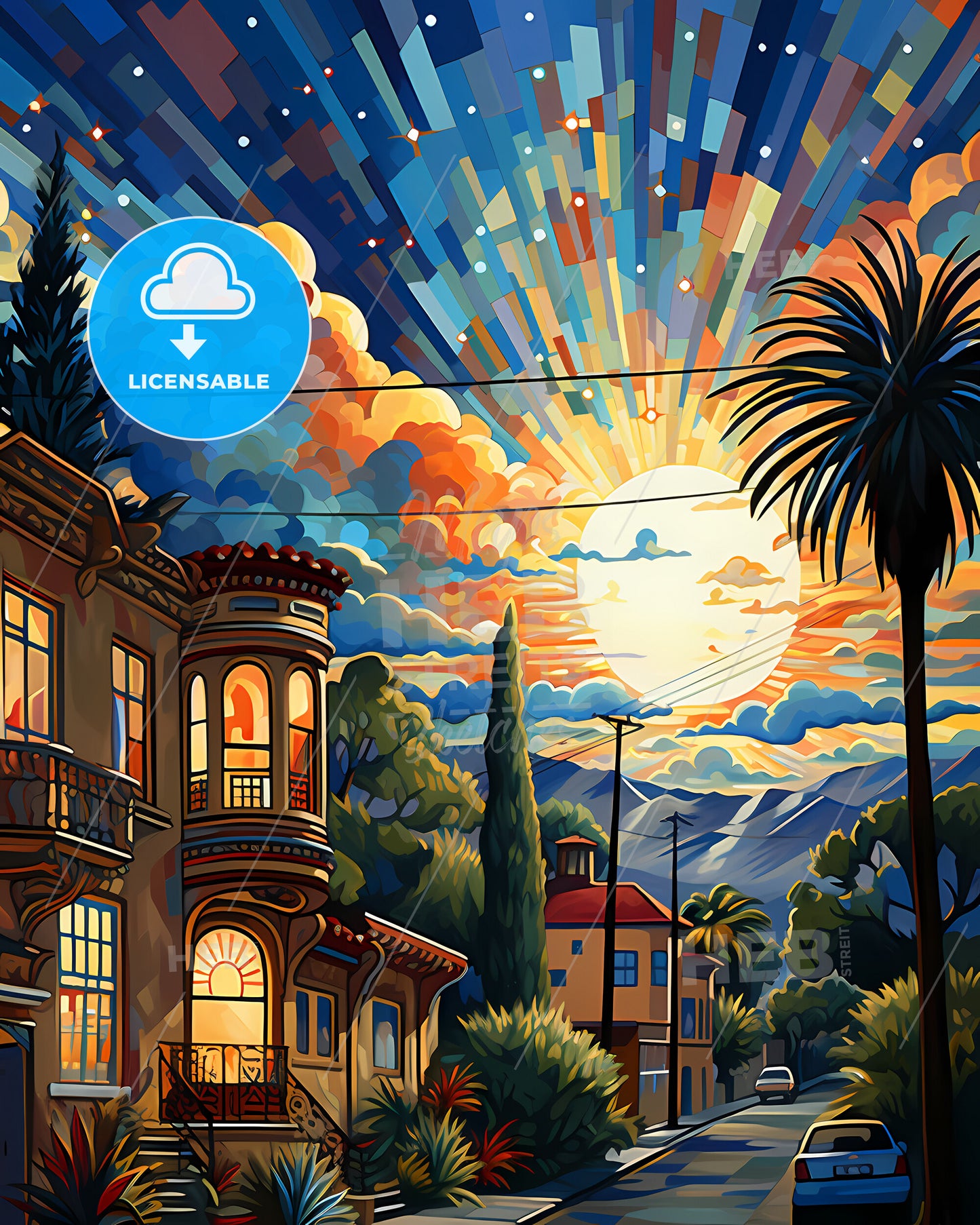 Palo Alto, California, a colorful sunset over a town