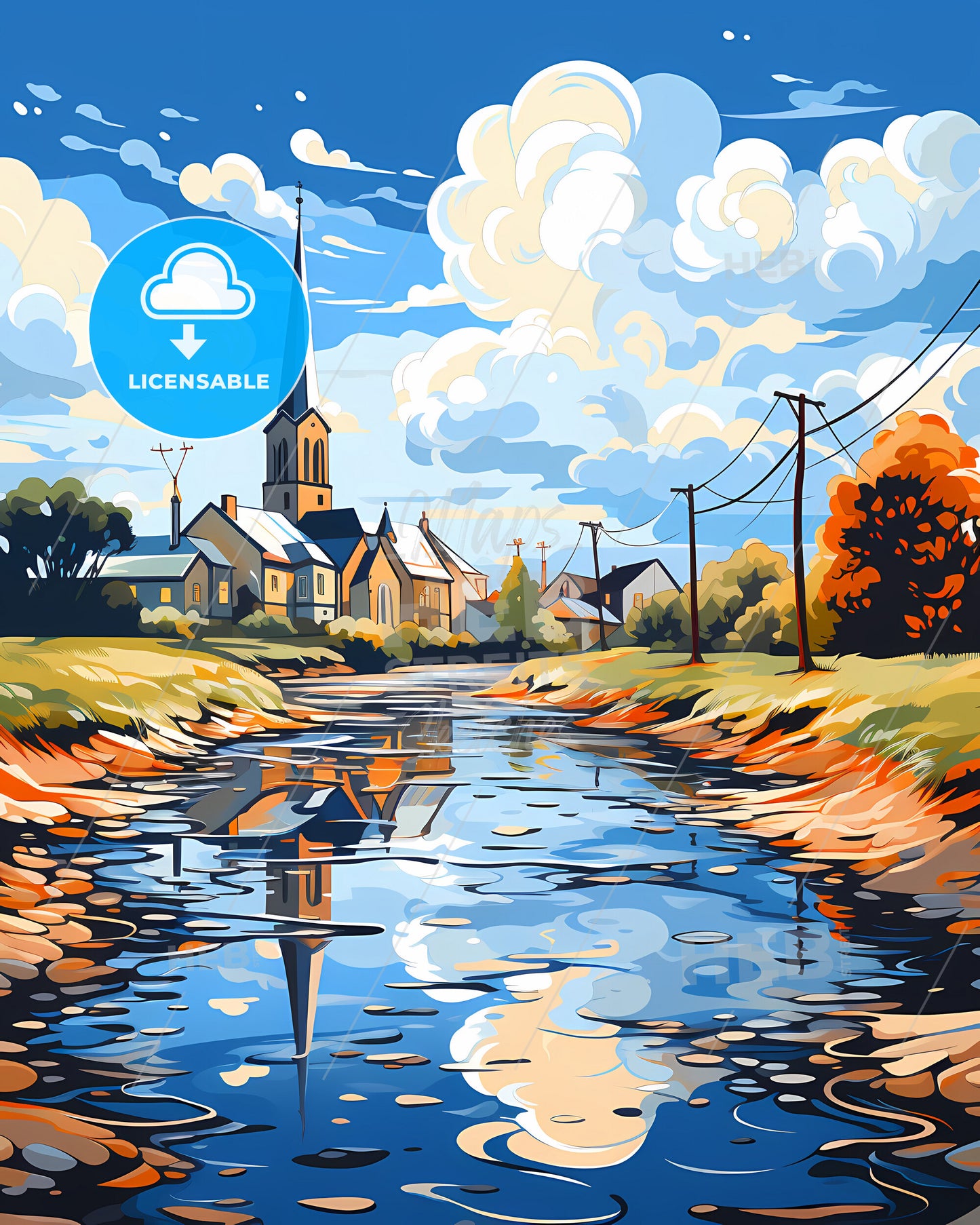 Newbridge, County Kildare, a river with a church and trees