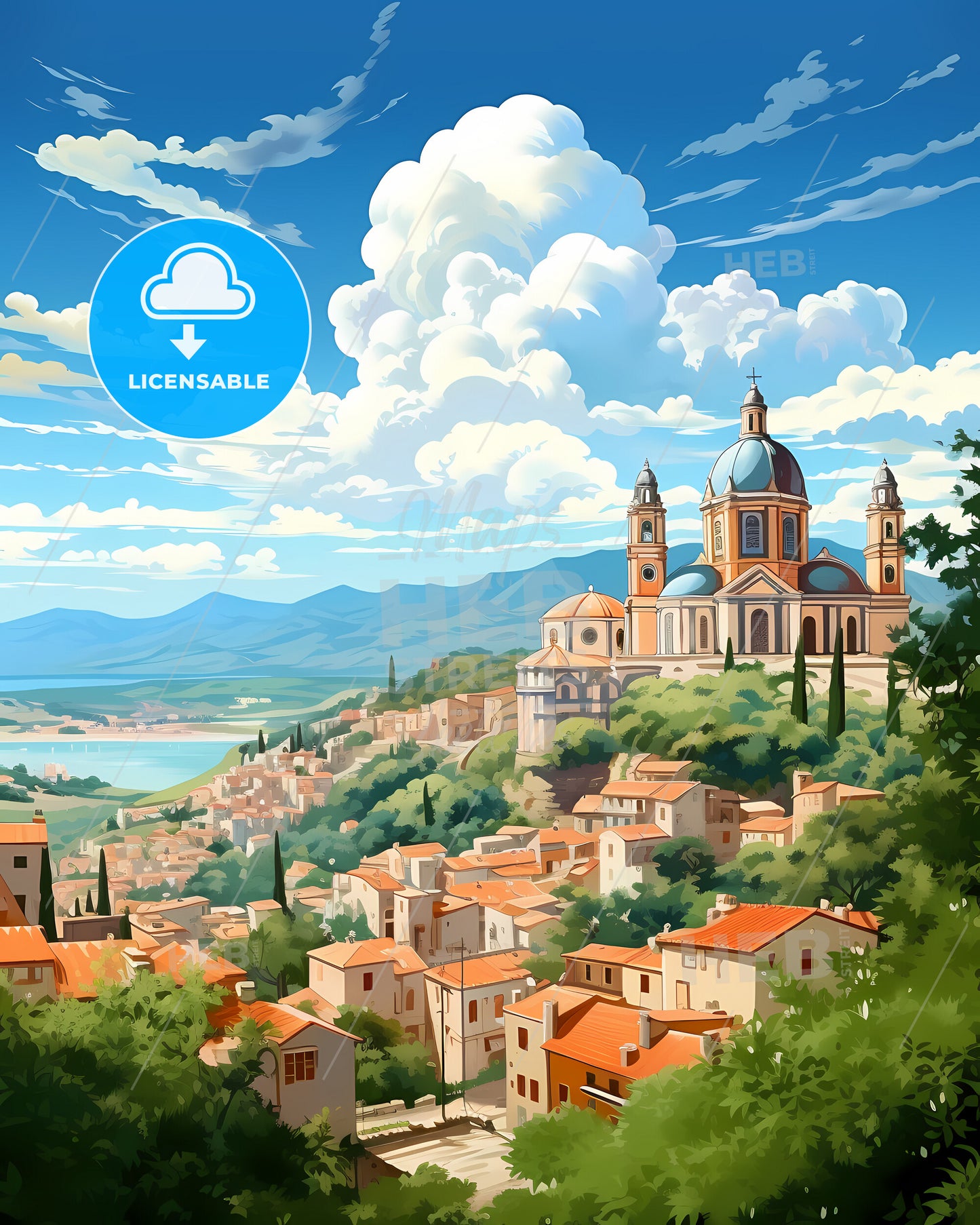 Pozzuoli, Italy, a building on a hill with trees and mountains in the background