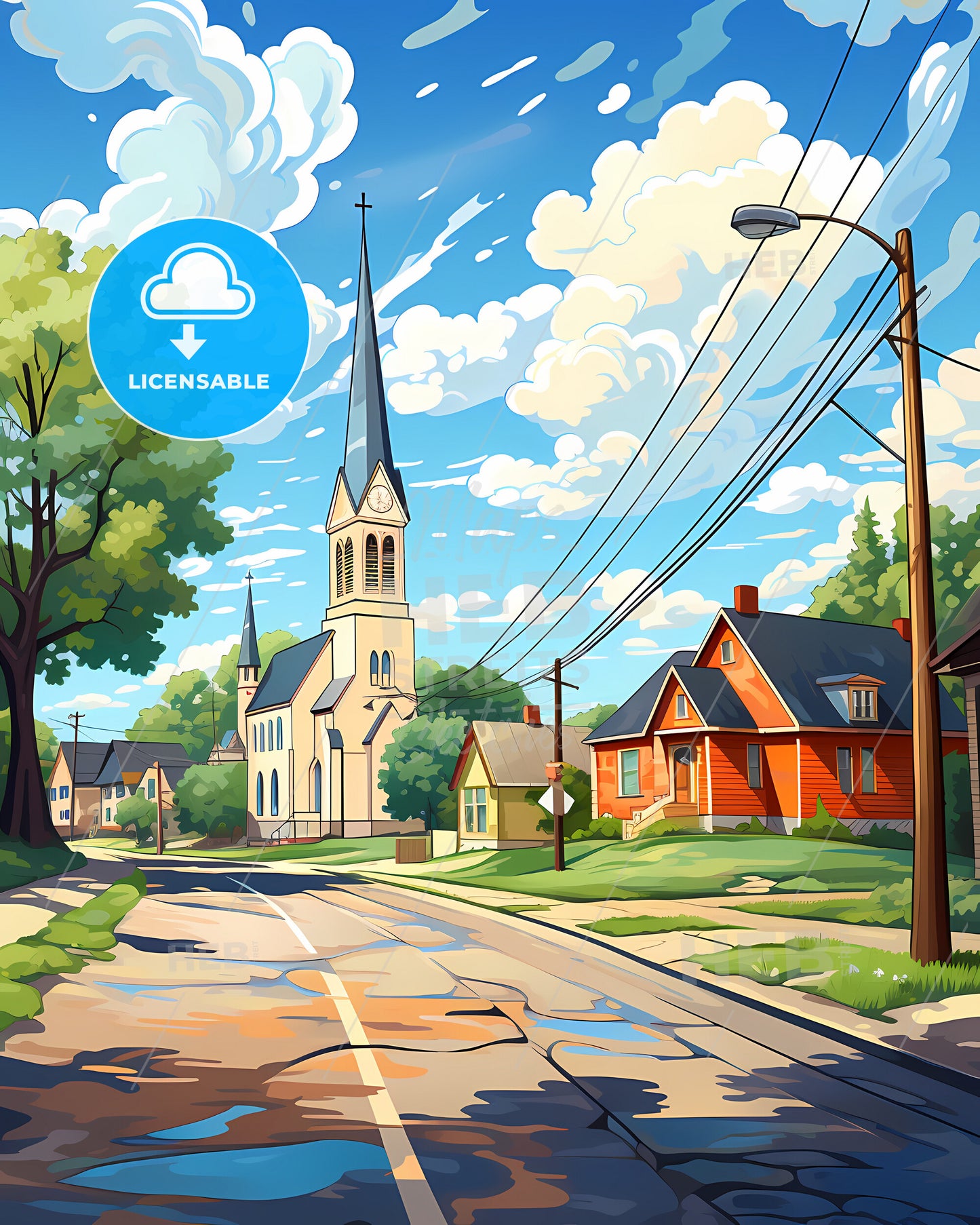 Plymouth, Minnesota, a street with houses and a church tower