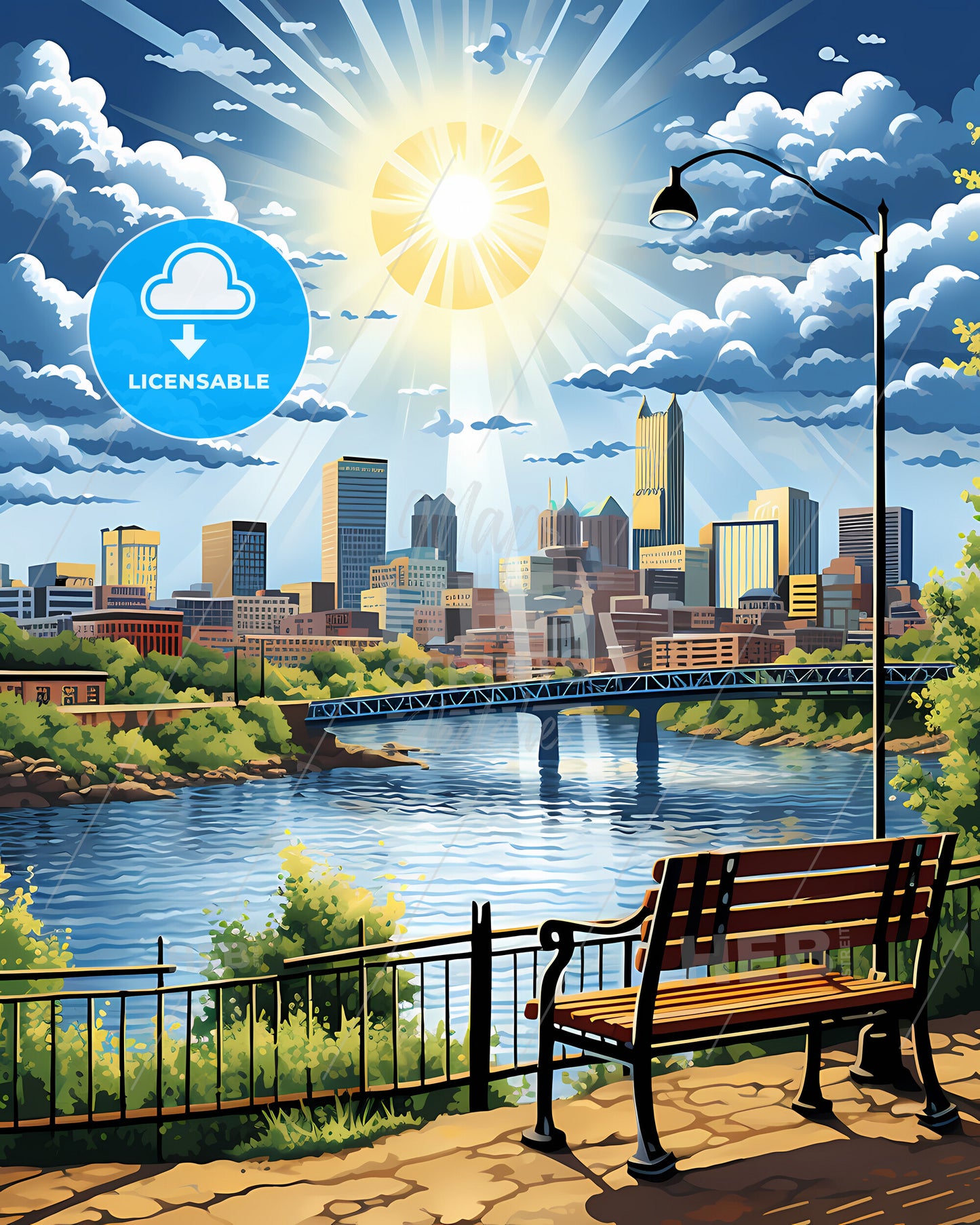 Sioux City, Iowa, a bench overlooking a river and a city