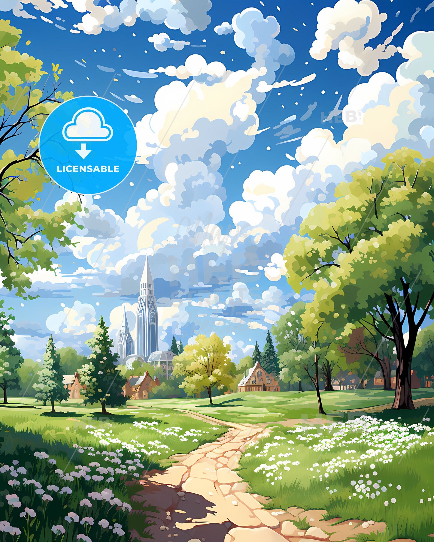 Warren, Michigan, a landscape with a path and trees and buildings