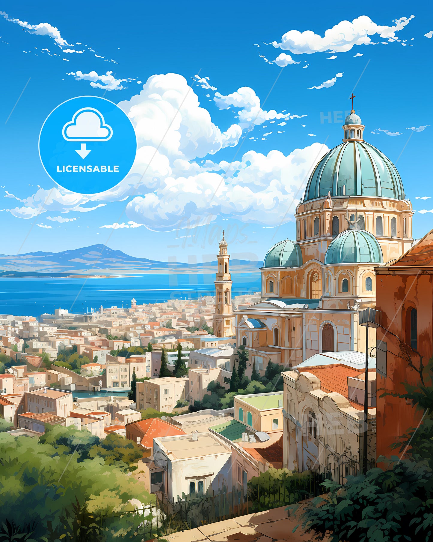 Cagliari, Italy, a city with a dome and a body of water