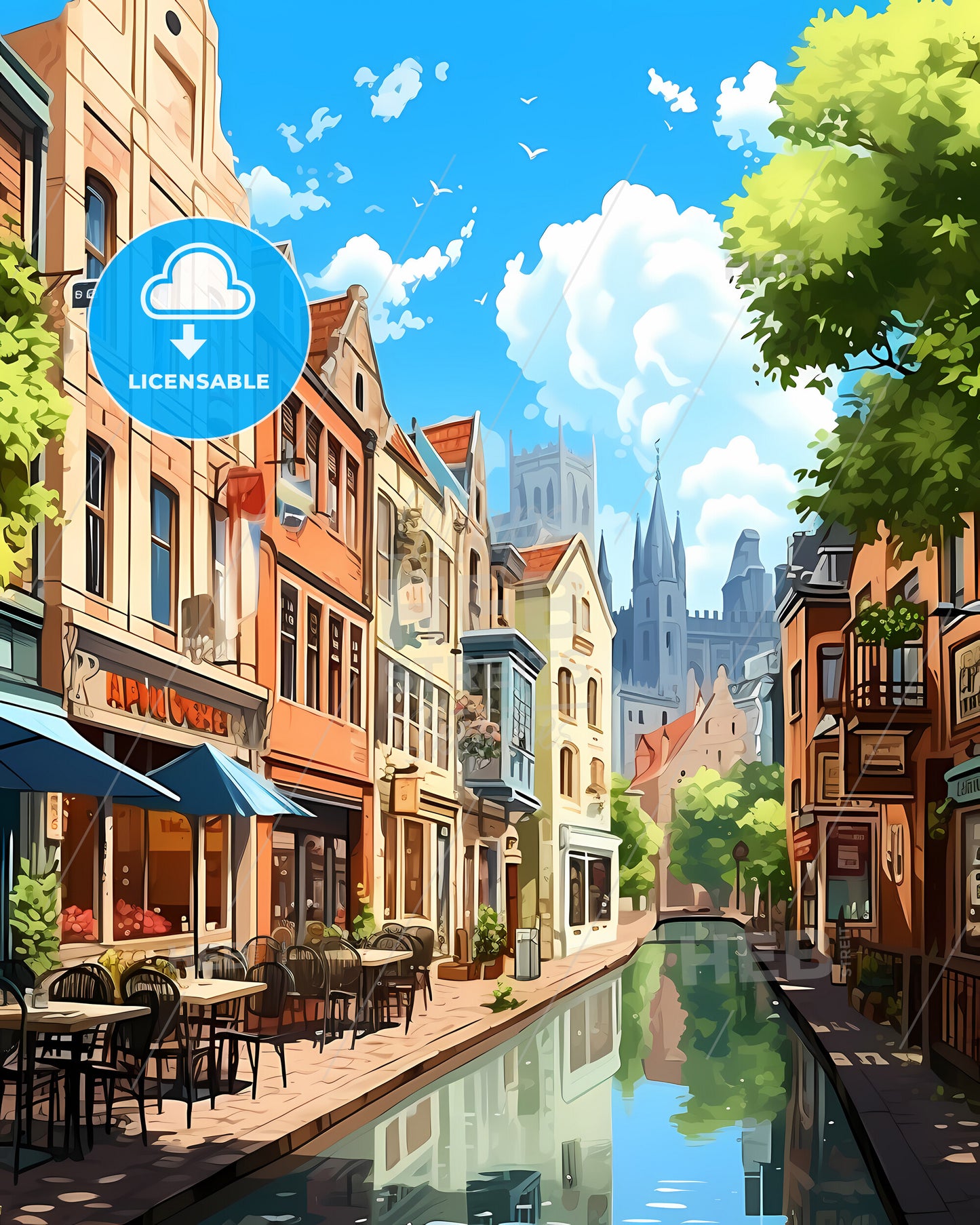 Houten, Netherlands, a water canal with buildings and trees
