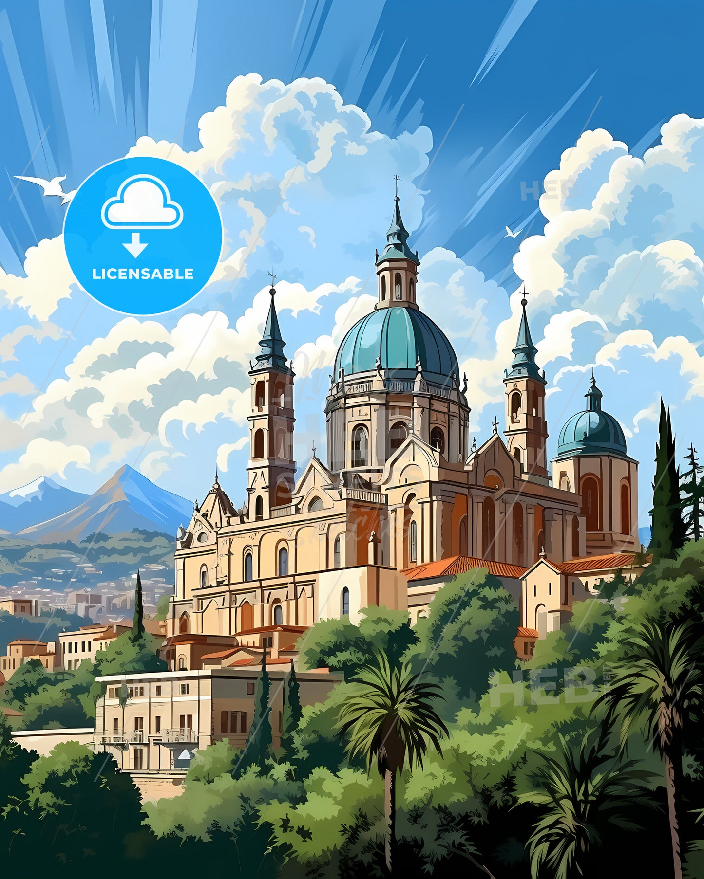 Savona, Italy, a building with trees and mountains in the background