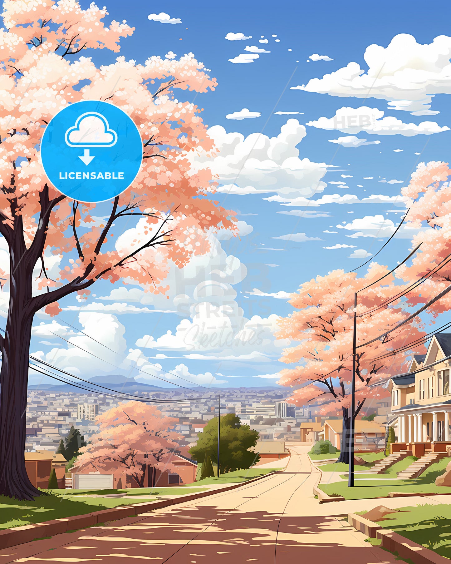 San Angelo, Texas, a street with pink trees and houses on it