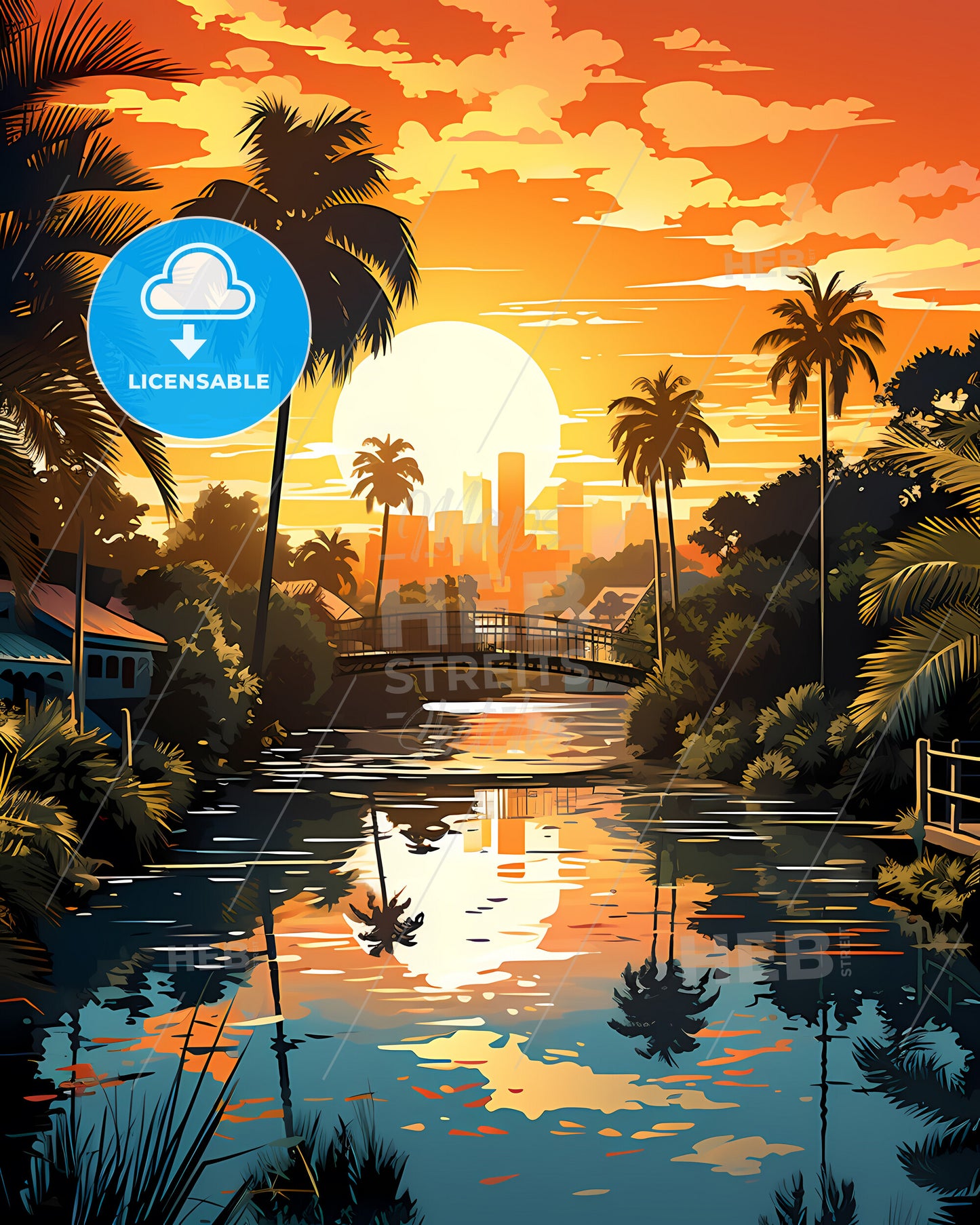 Lauderhill, Florida, a sunset over a river with palm trees and a bridge