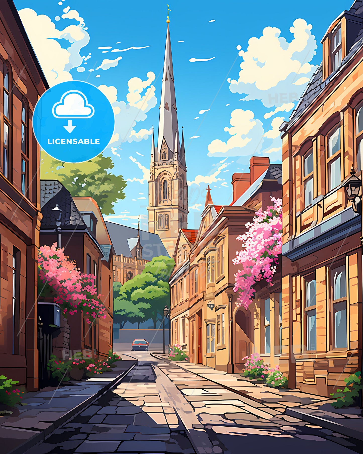 Weert, Netherlands, a street with a church tower in the background