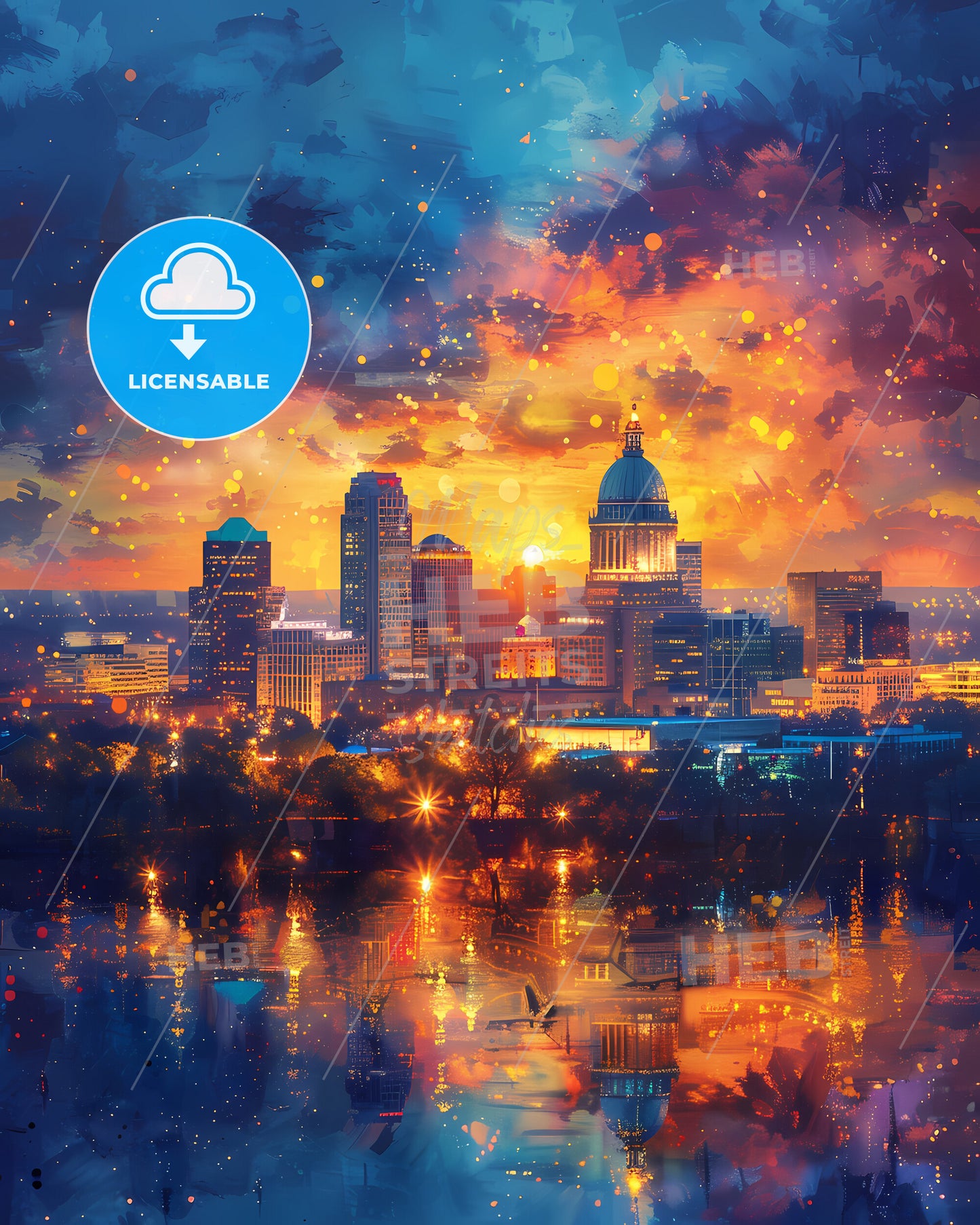 Des Moines, Iowa, a city skyline with a colorful sky