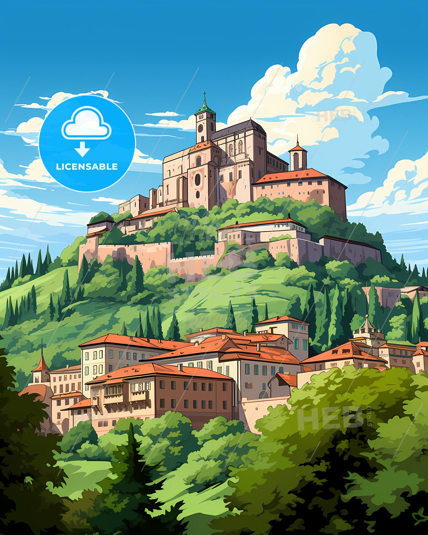 Bolzano, Italy, a castle on a hill with trees and buildings