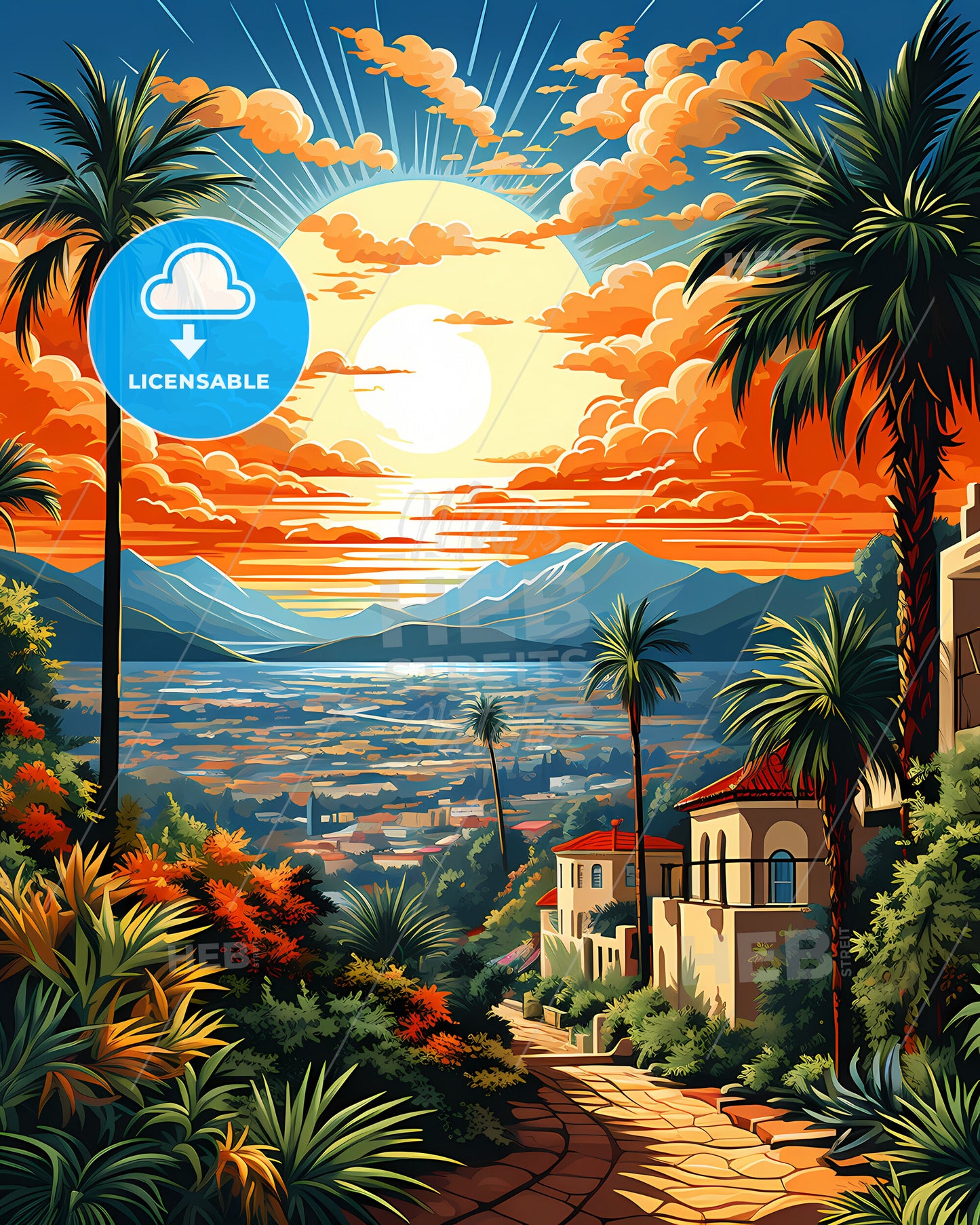 Fullerton, California, a painting of a city with palm trees and mountains
