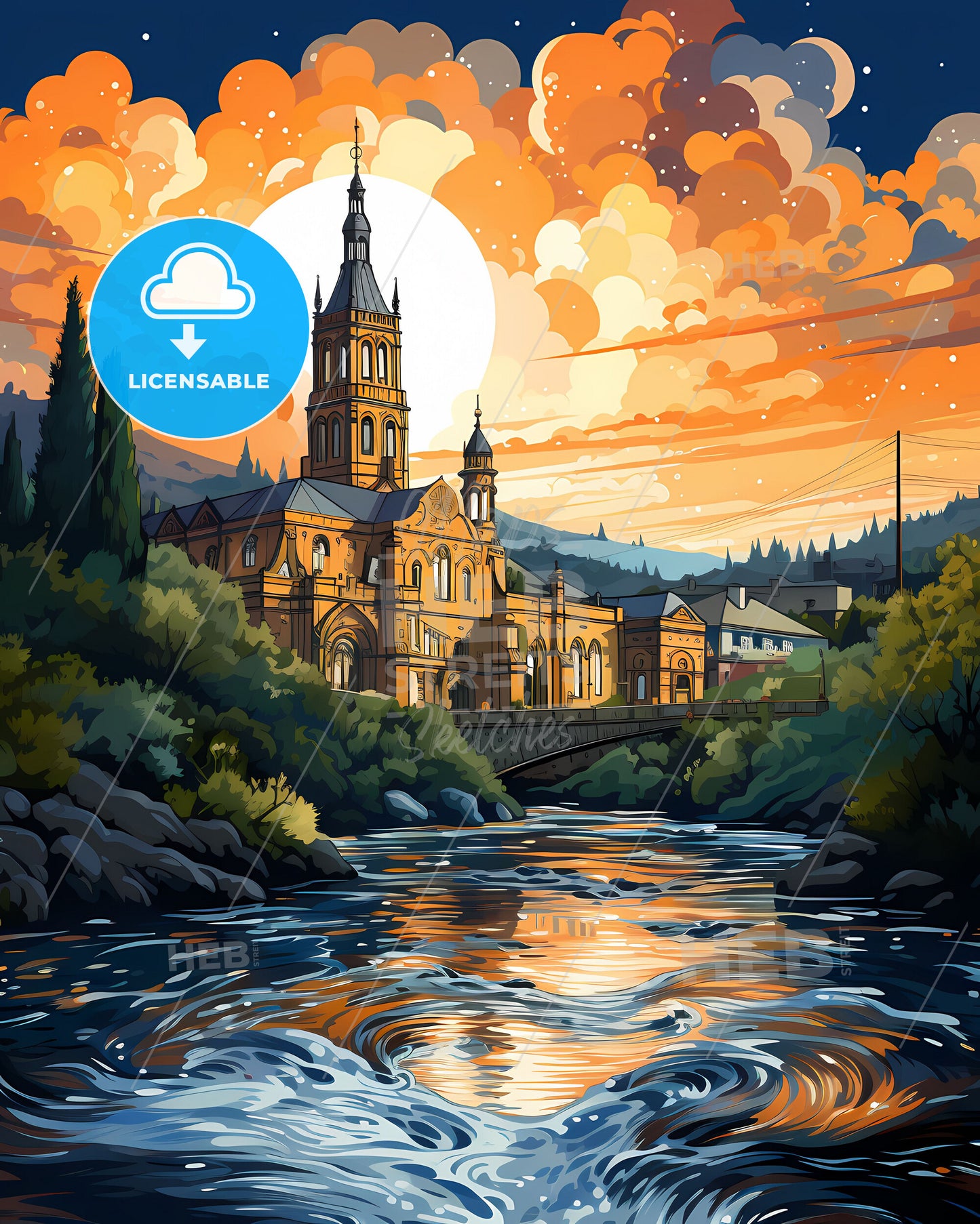 Viseu, Portugal, a painting of a building with a river and trees