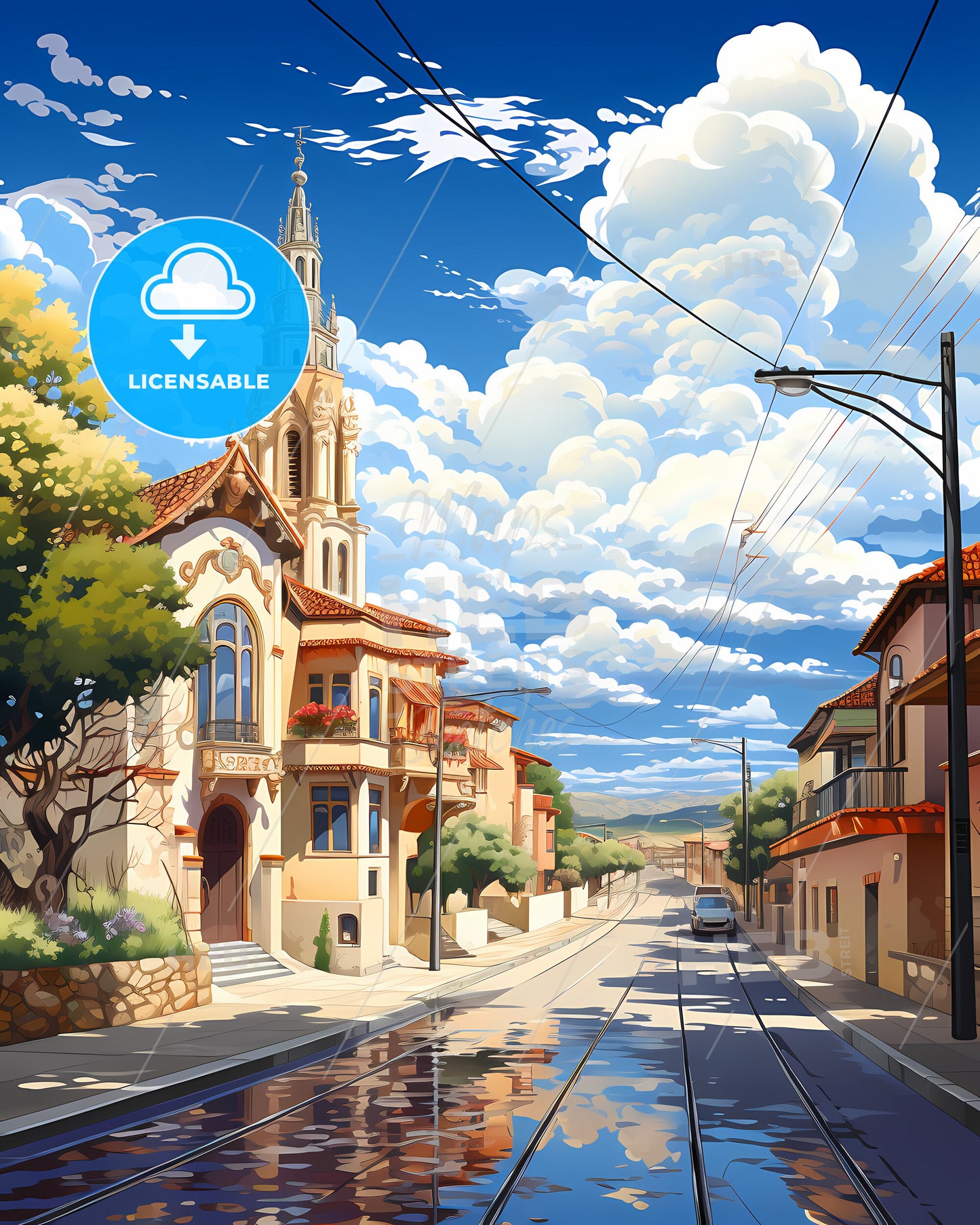 Llobregat, Spain, a street with a church and a car on it