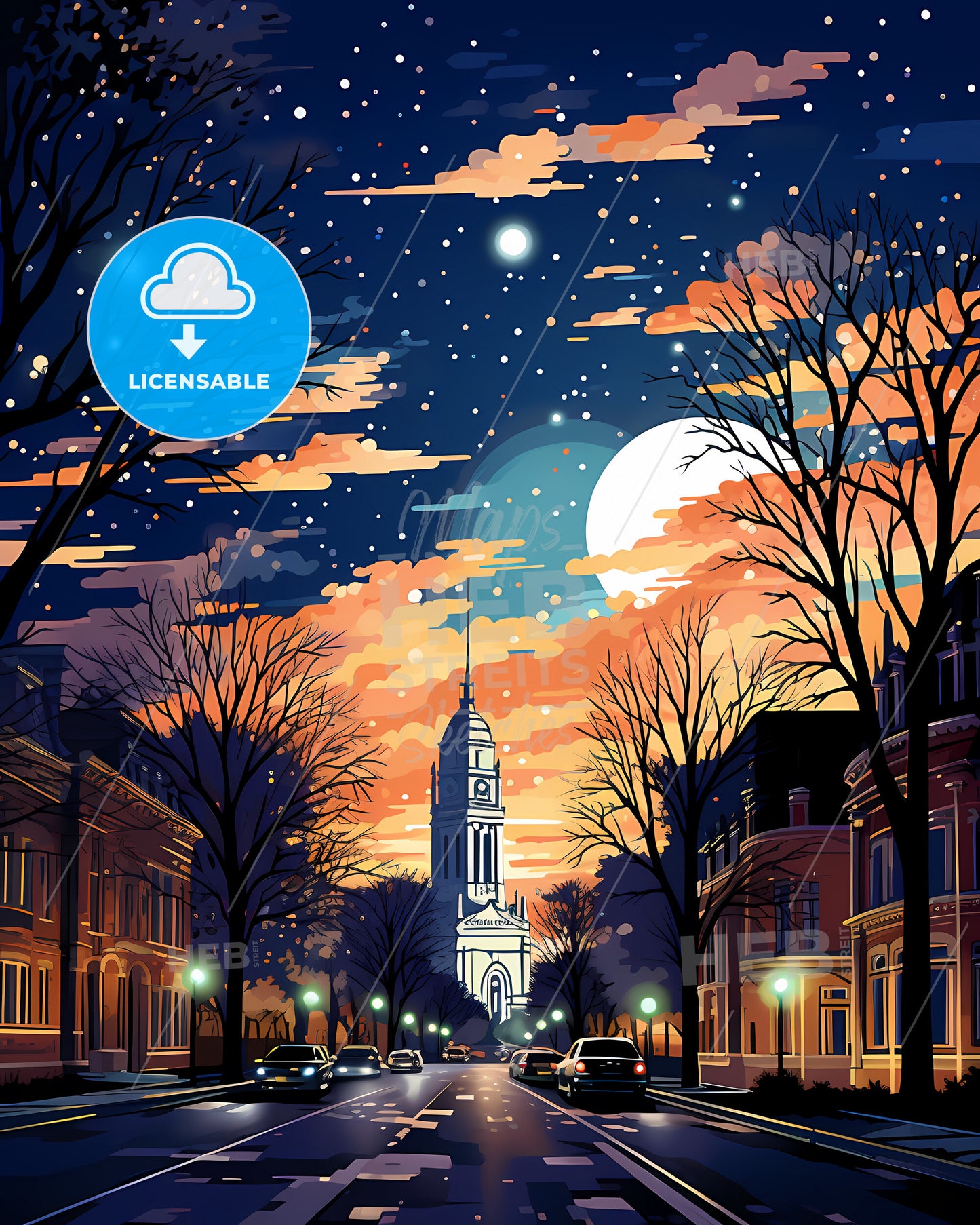 Champaign, Illinois, a street with cars and a large moon in the sky