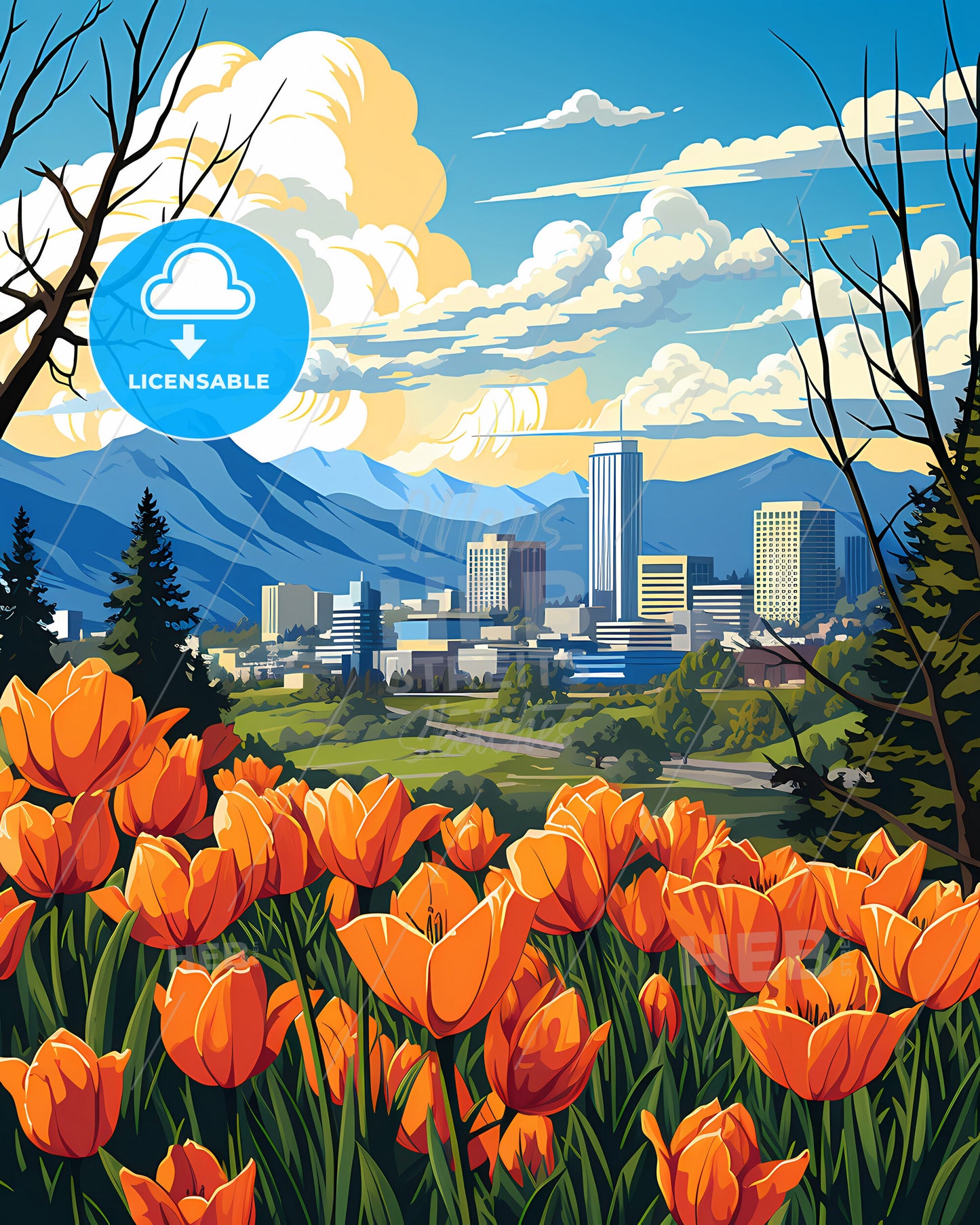 Redding, California, a colorful landscape with orange flowers and mountains in the background