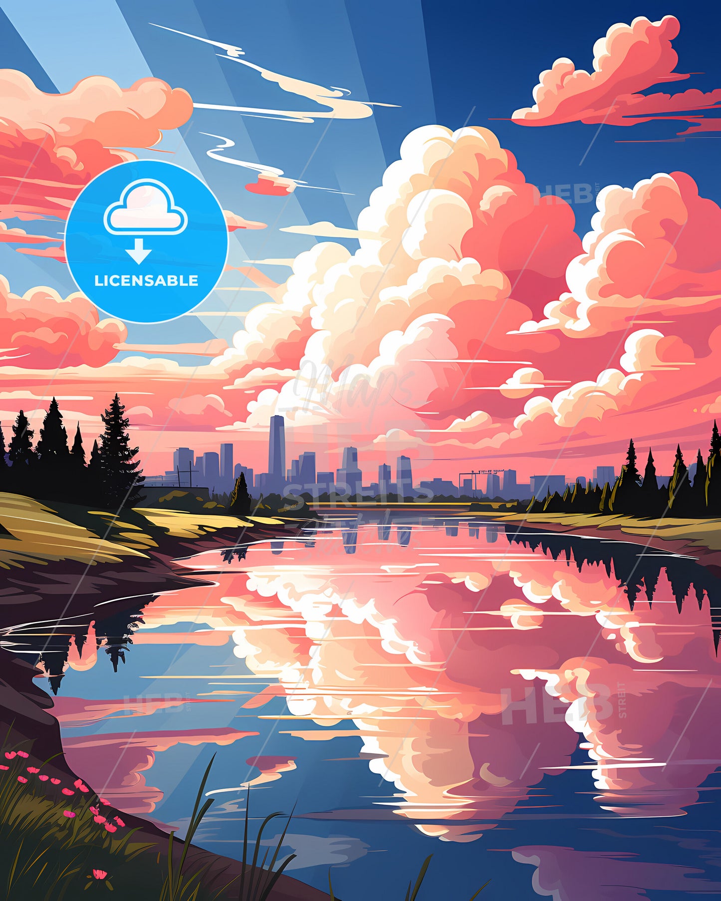 Karagandy, Kazakhstan, a pink clouds over a lake