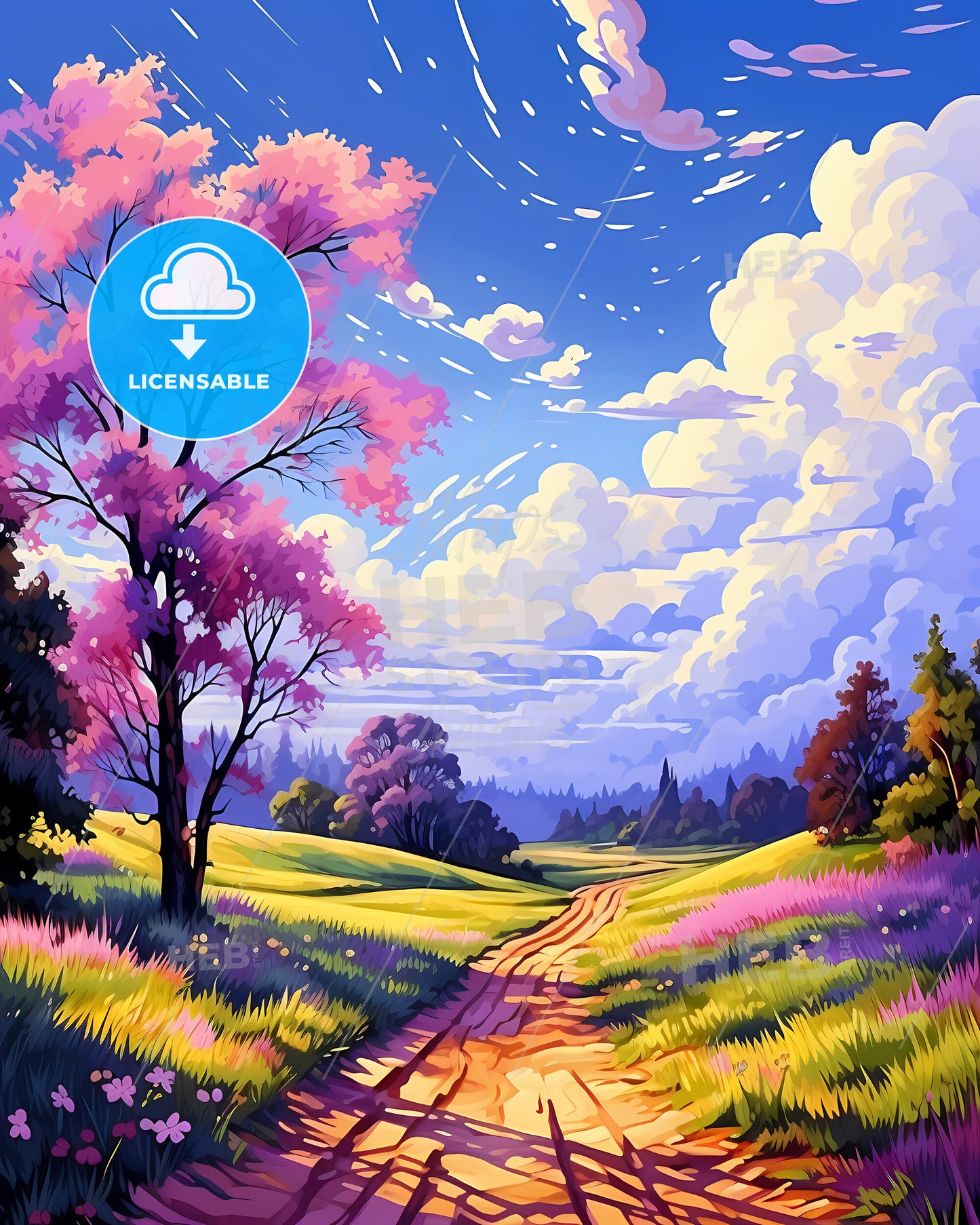 Lodi, California, a dirt road through a field of flowers