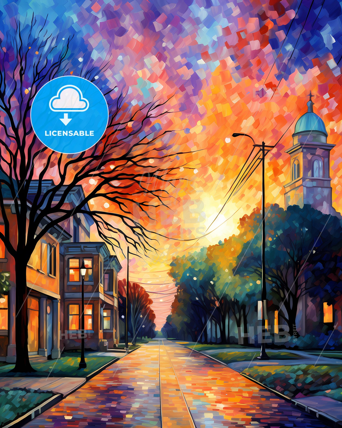 Palo Alto, California, a street with trees and a church in the background