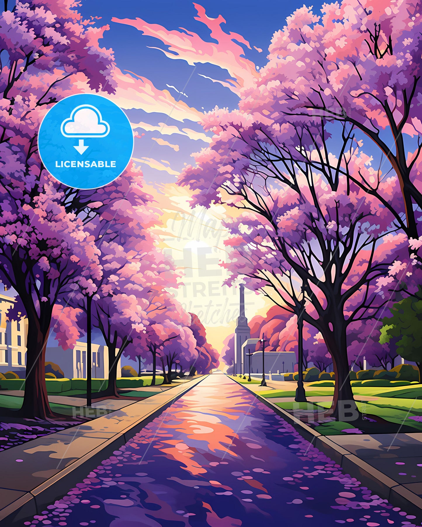 Tracy, California, a road with pink trees and a monument