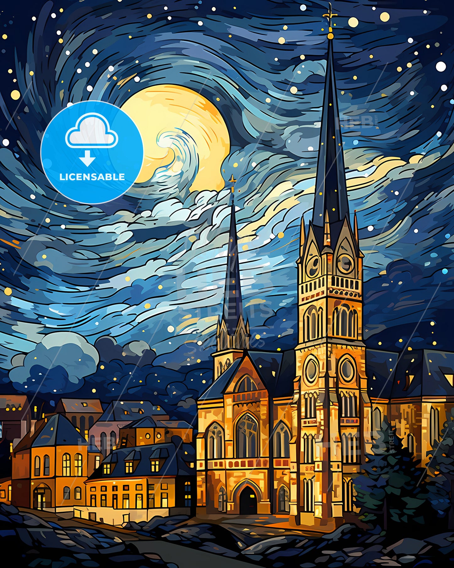 Frederick, Maryland, a church with a tower and a moon in the sky