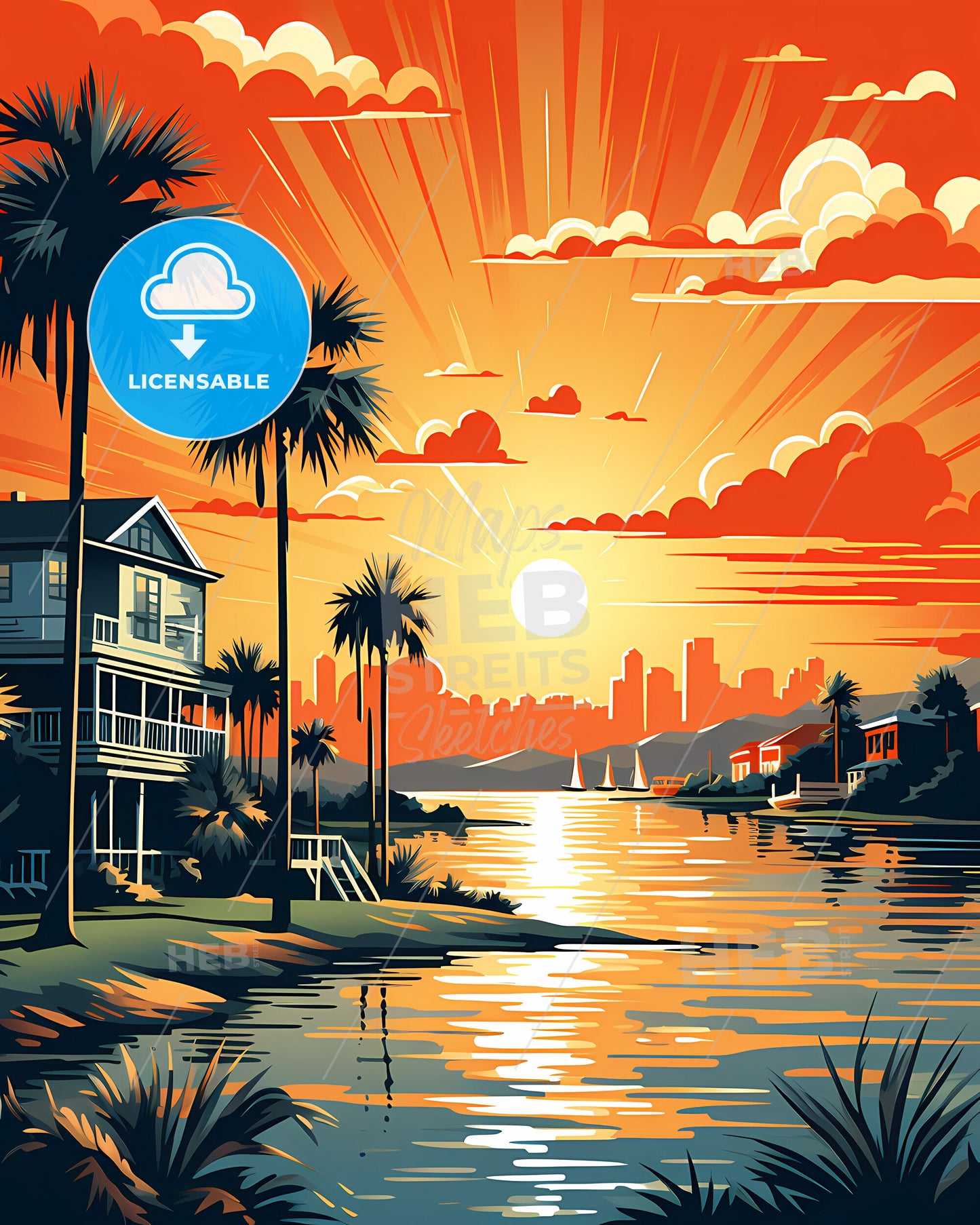Gulfport, Mississippi, a sunset over a body of water with a house and palm trees