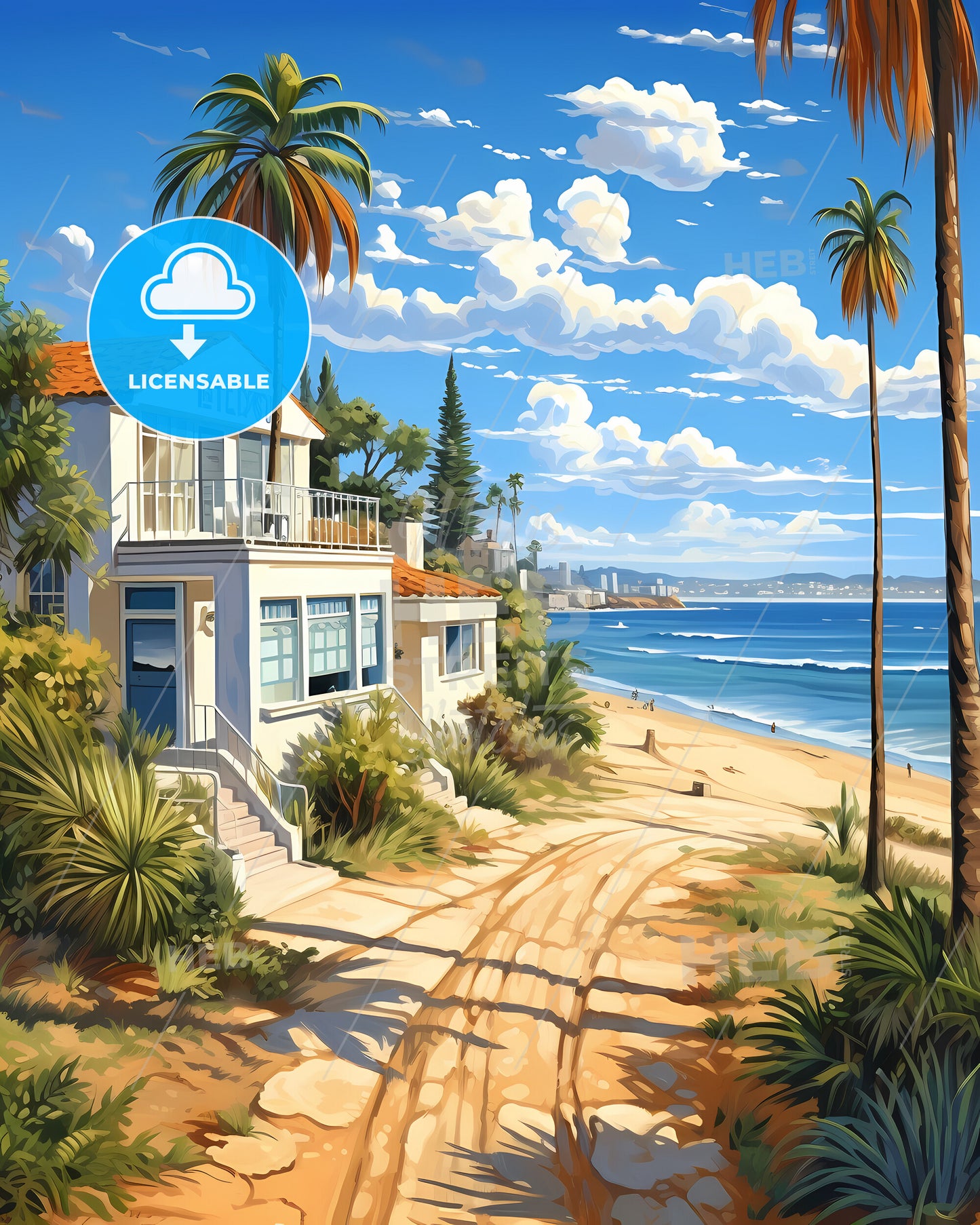 Mission Viejo, California, a beach with palm trees and a building