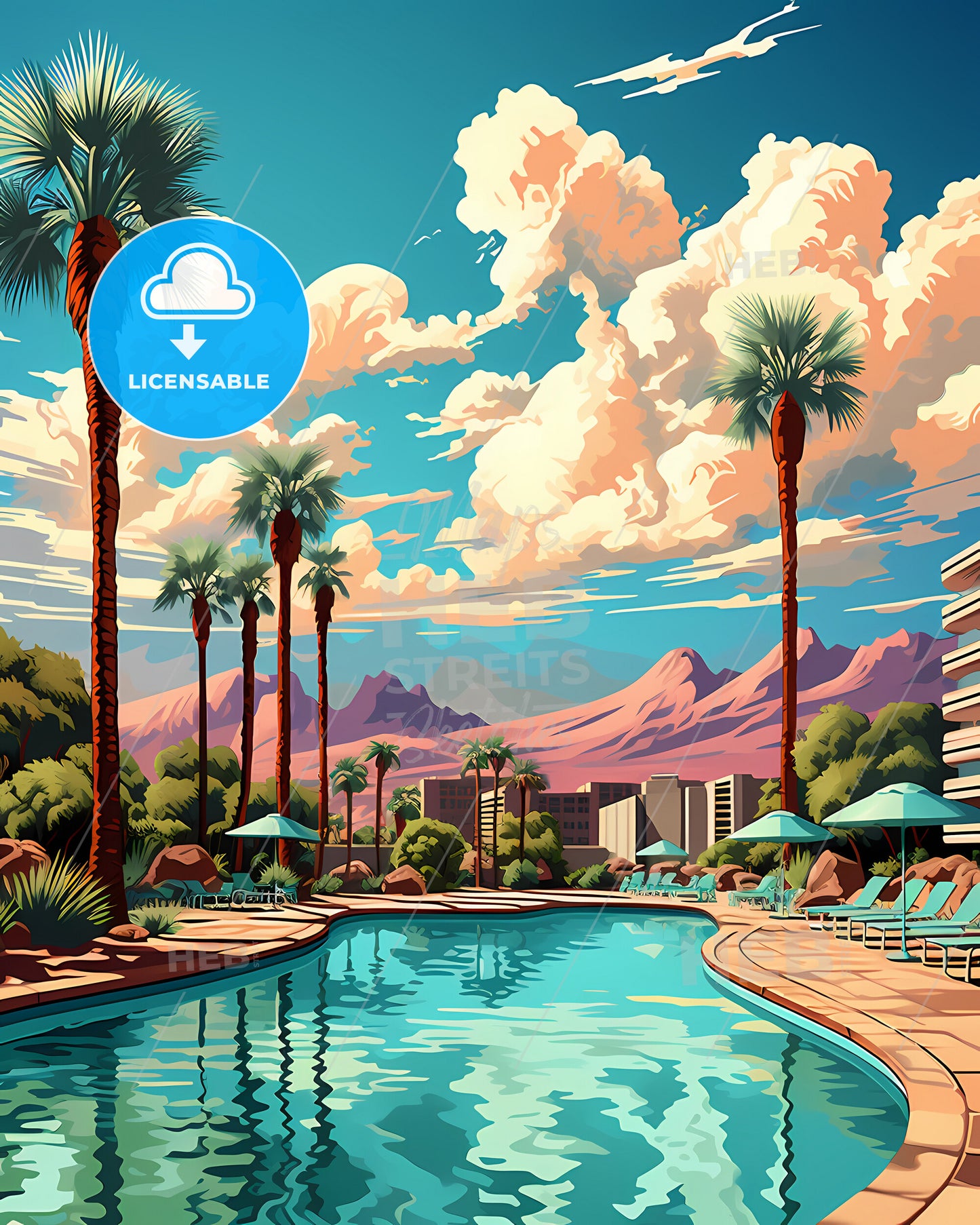 Apple Valley, California, a pool with palm trees and mountains in the background