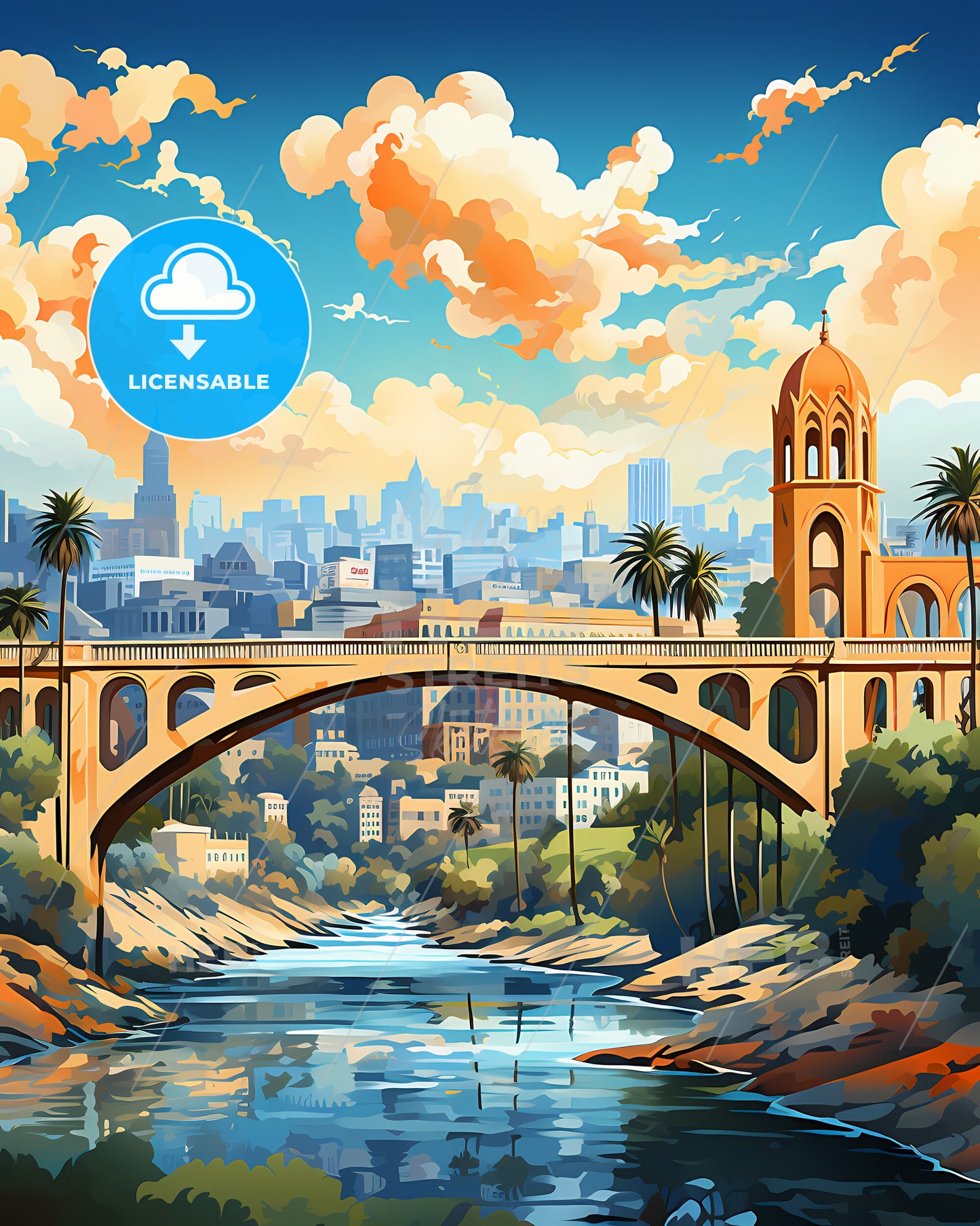 Escondido, California, a bridge over a river with trees and a city in the background