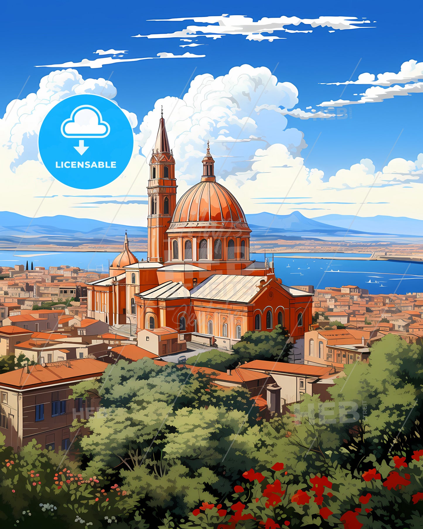 Cagliari, Italy, a large building with towers and a body of water in the background