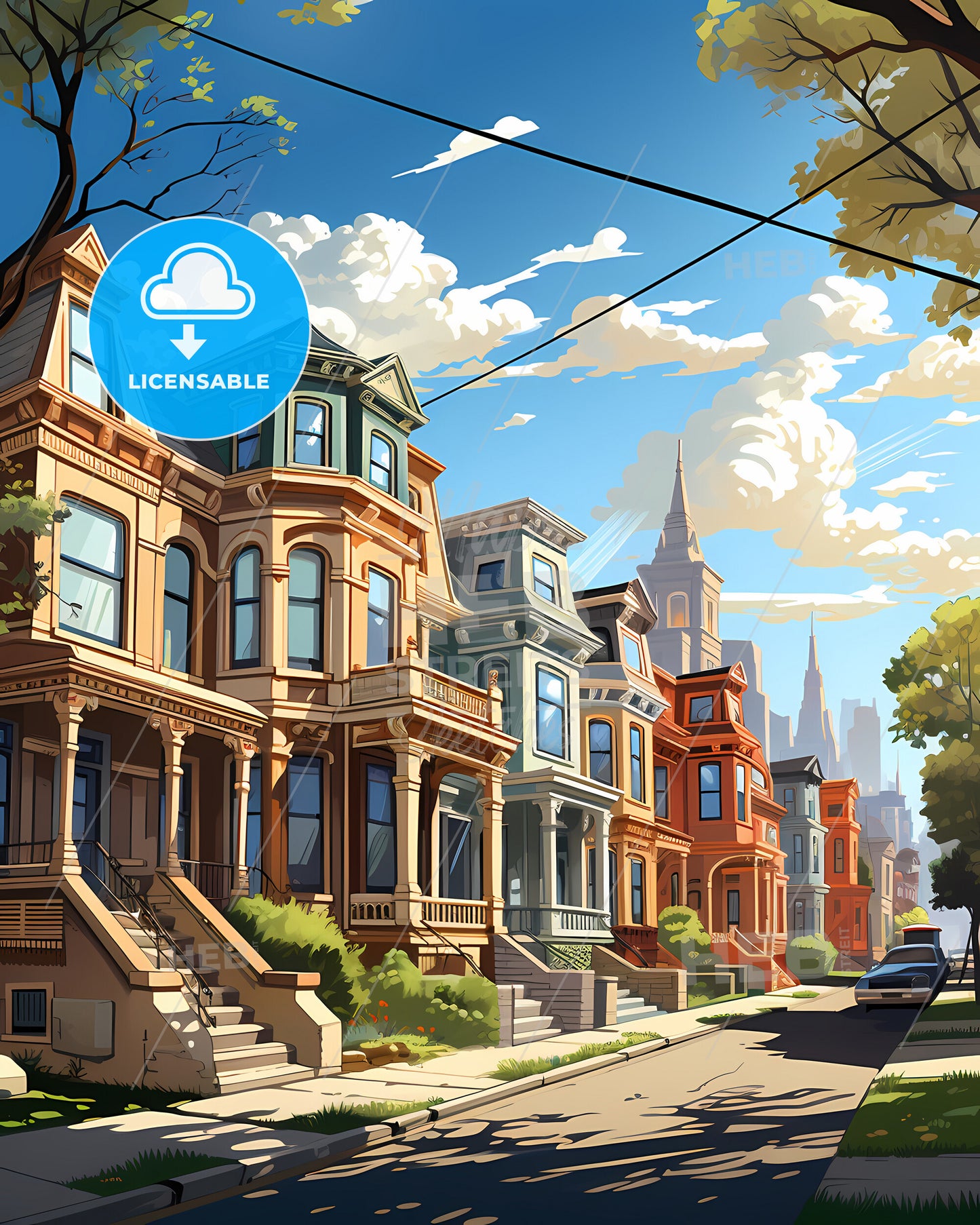 Savannah, Georgia, a row of houses with trees and a street in the background