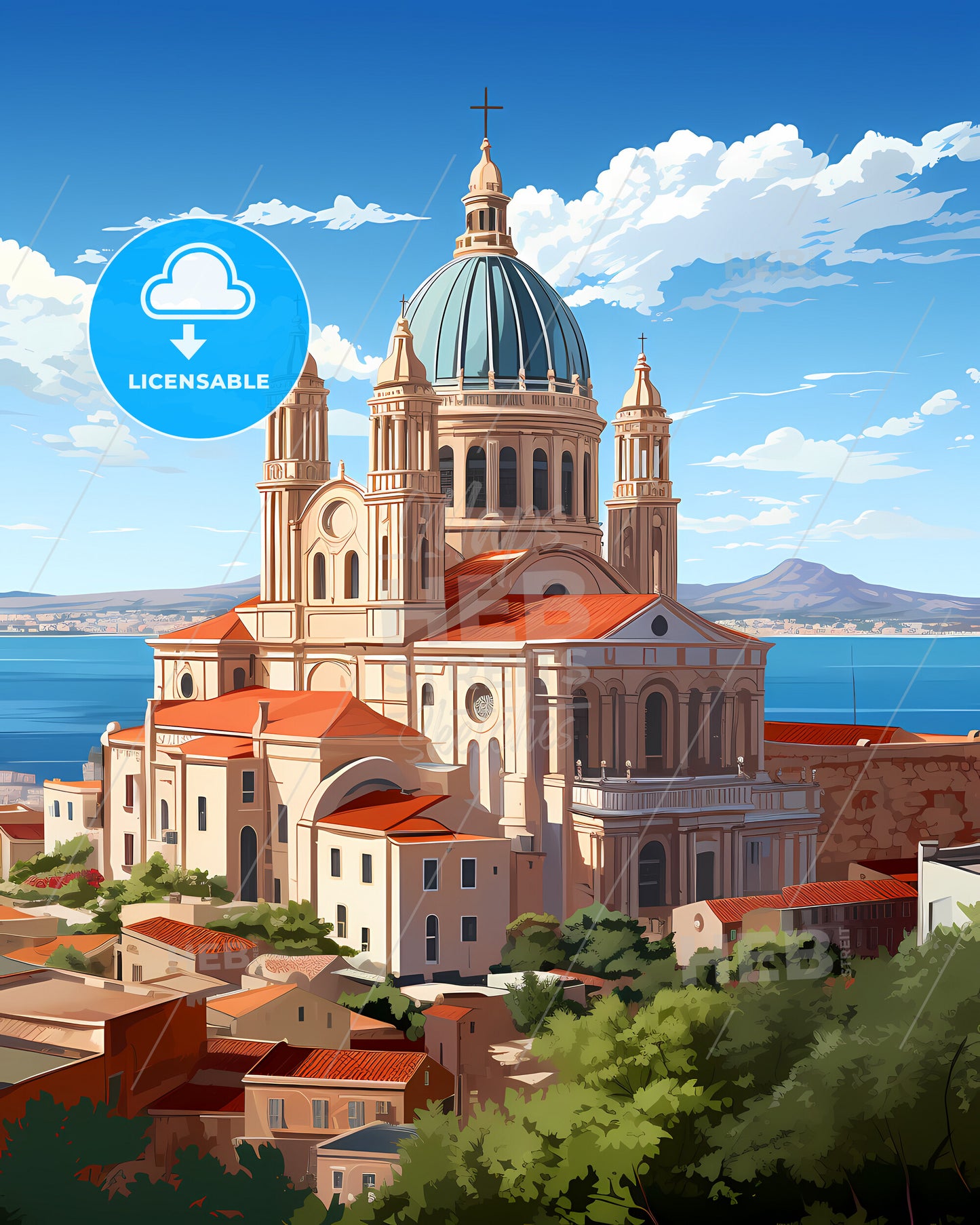 Cagliari, Italy, a large building with a dome and a blue roof