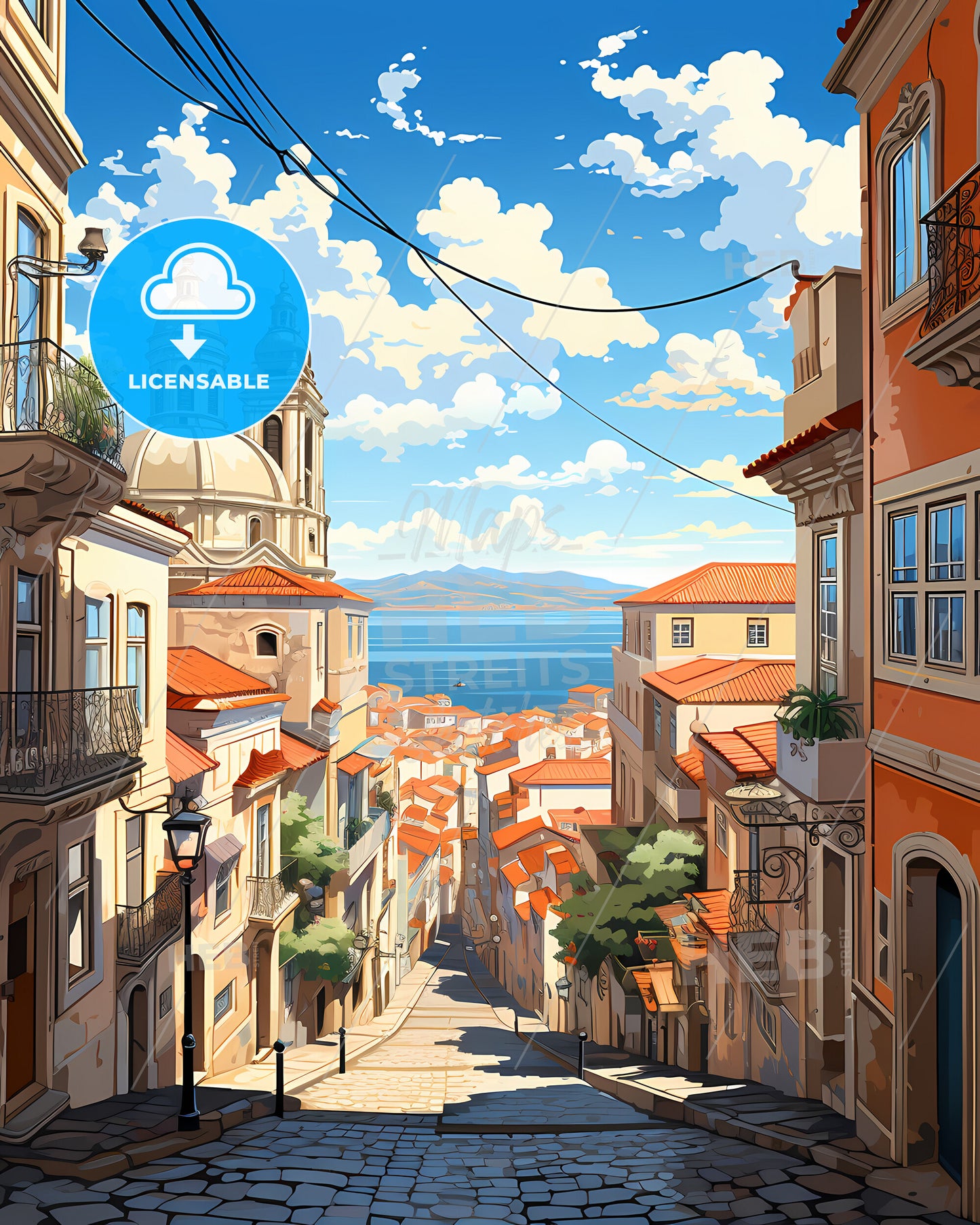 Queluz, Portugal, a street with buildings and a body of water